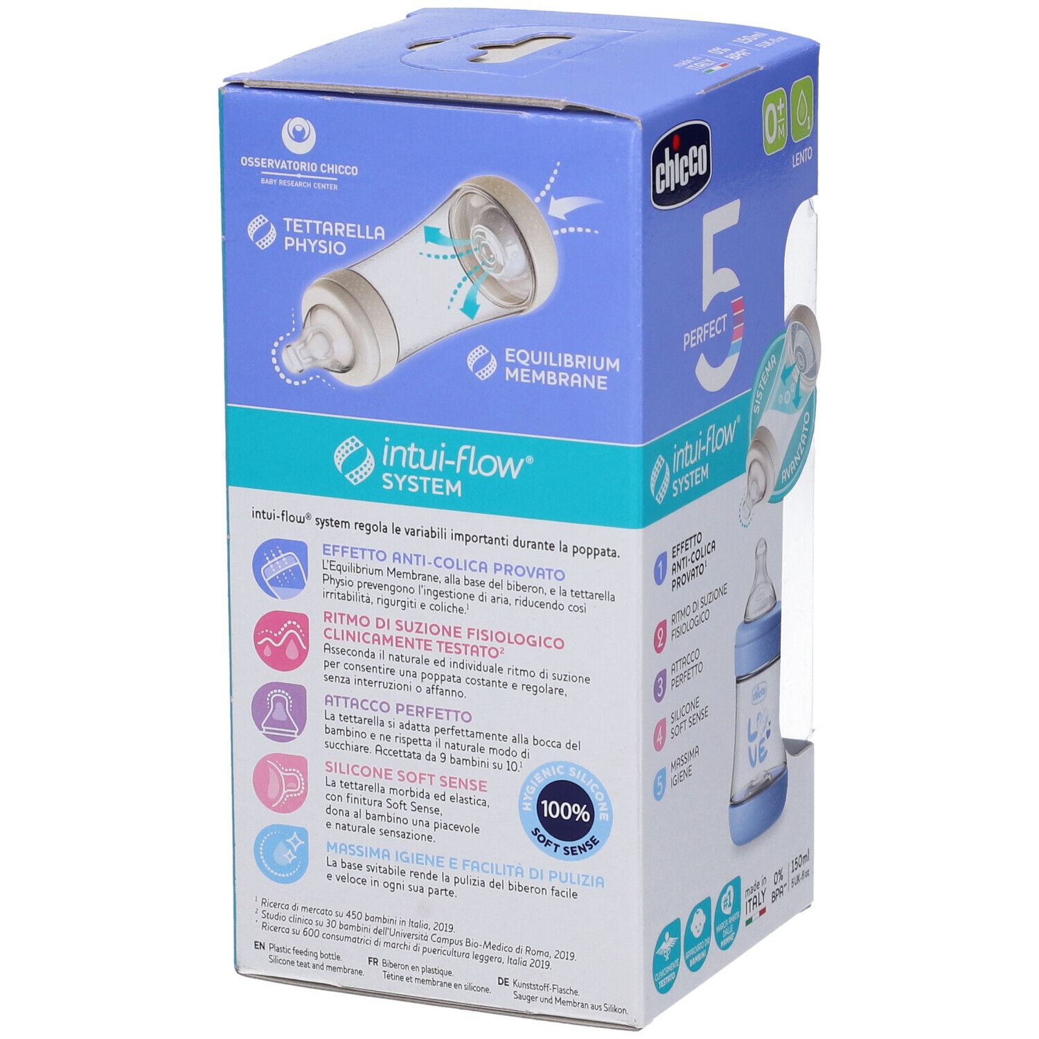 Confezione del biberon. Scritte: Chicco, Perfect 5, Intui-Flow System. Illustrazione dei componenti e descrizione.