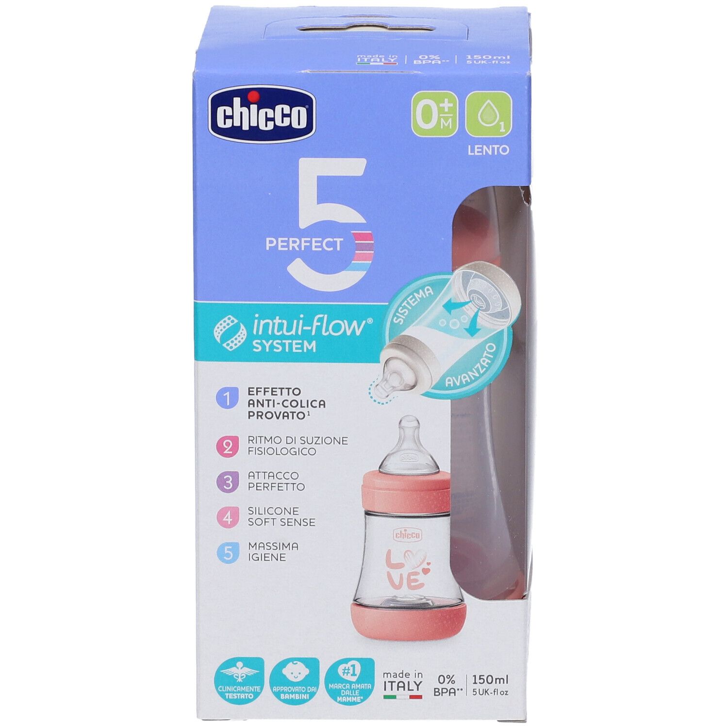 Confezione con biberon rosa e trasparente. Scritta: Chicco, Perfect 5, Intui-Flow System. Finestra trasparente mostra il prodotto.