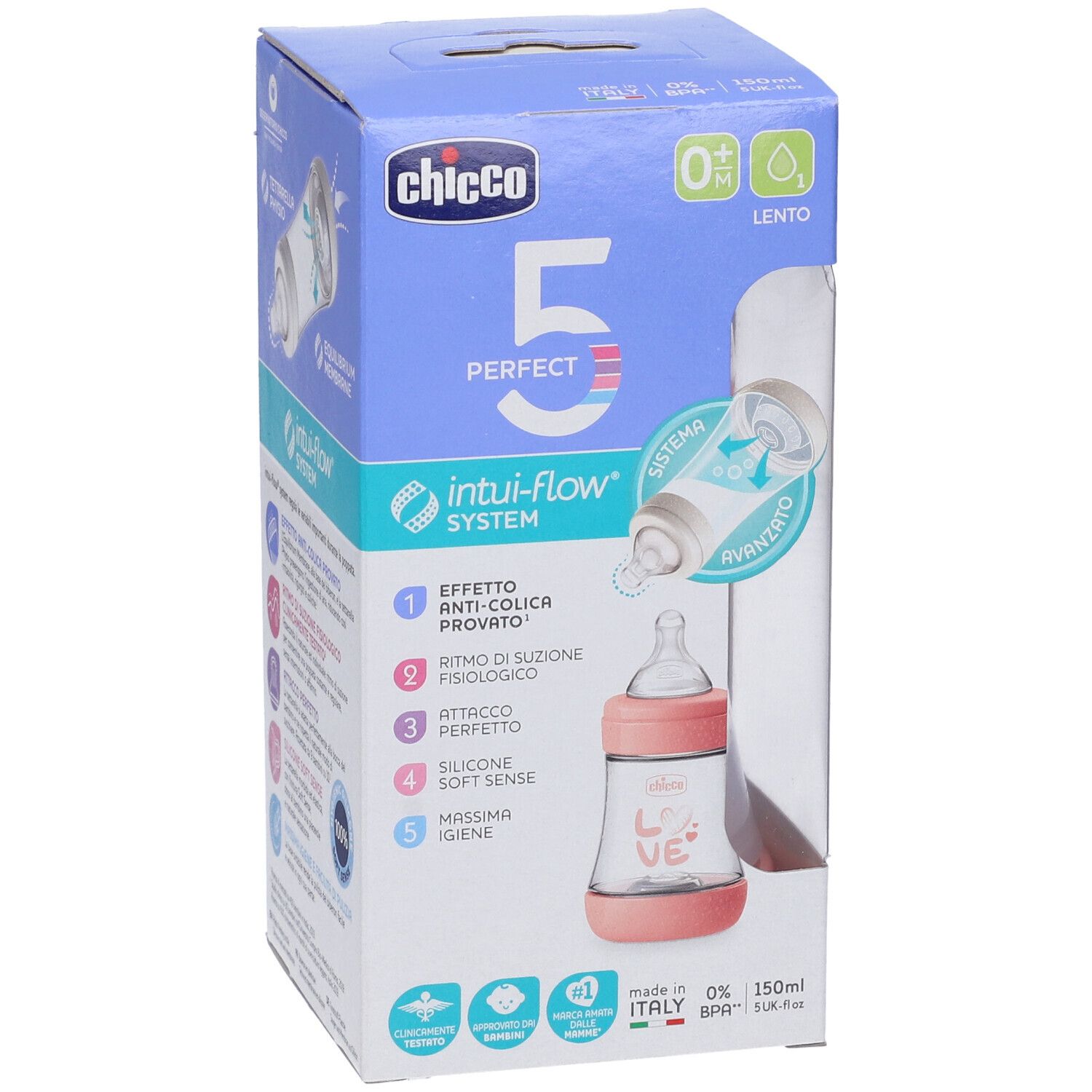 Confezione con biberon rosa e trasparente. Scritta: Chicco, Perfect 5, Intui-Flow System. Finestra trasparente mostra il prodotto.