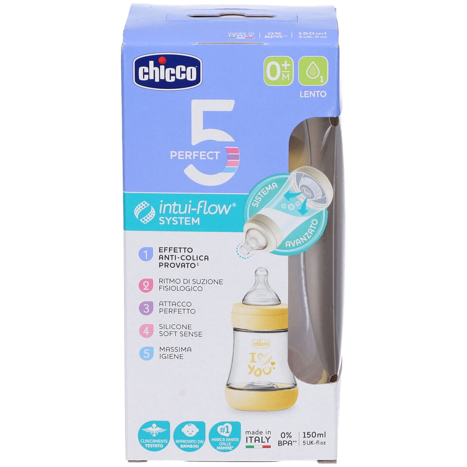 Biberon Chicco in confezione. Tettarella gialla, biberon trasparente. Confezione con informazioni sul prodotto e logo.