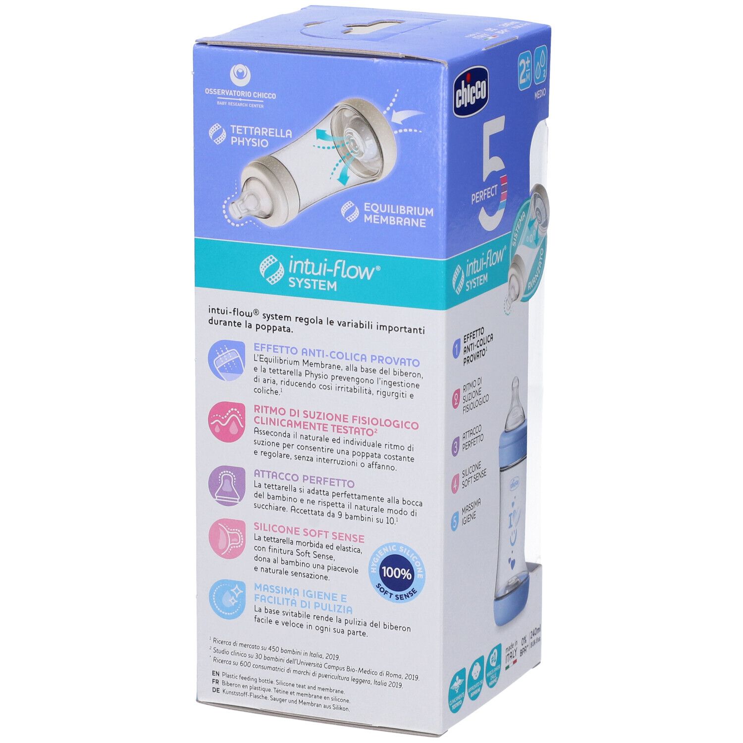 Confezione con dettagli del biberon. Scritta: Chicco, Perfect 5, Intui-Flow System. Illustrazioni del sistema del biberon. Colori blu e bianco.