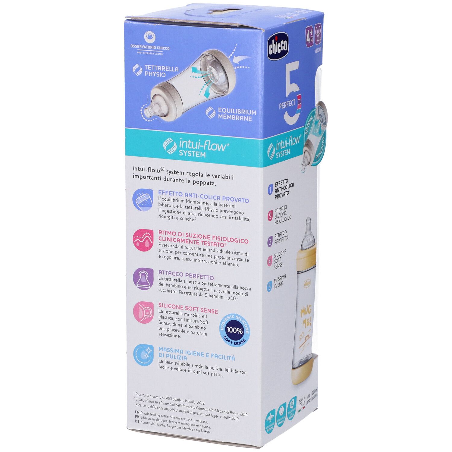 Babyflasche mit gelbem Deckel und Aufdruck 'Big is me!' in einer Pappverpackung mit Sichtfenster.