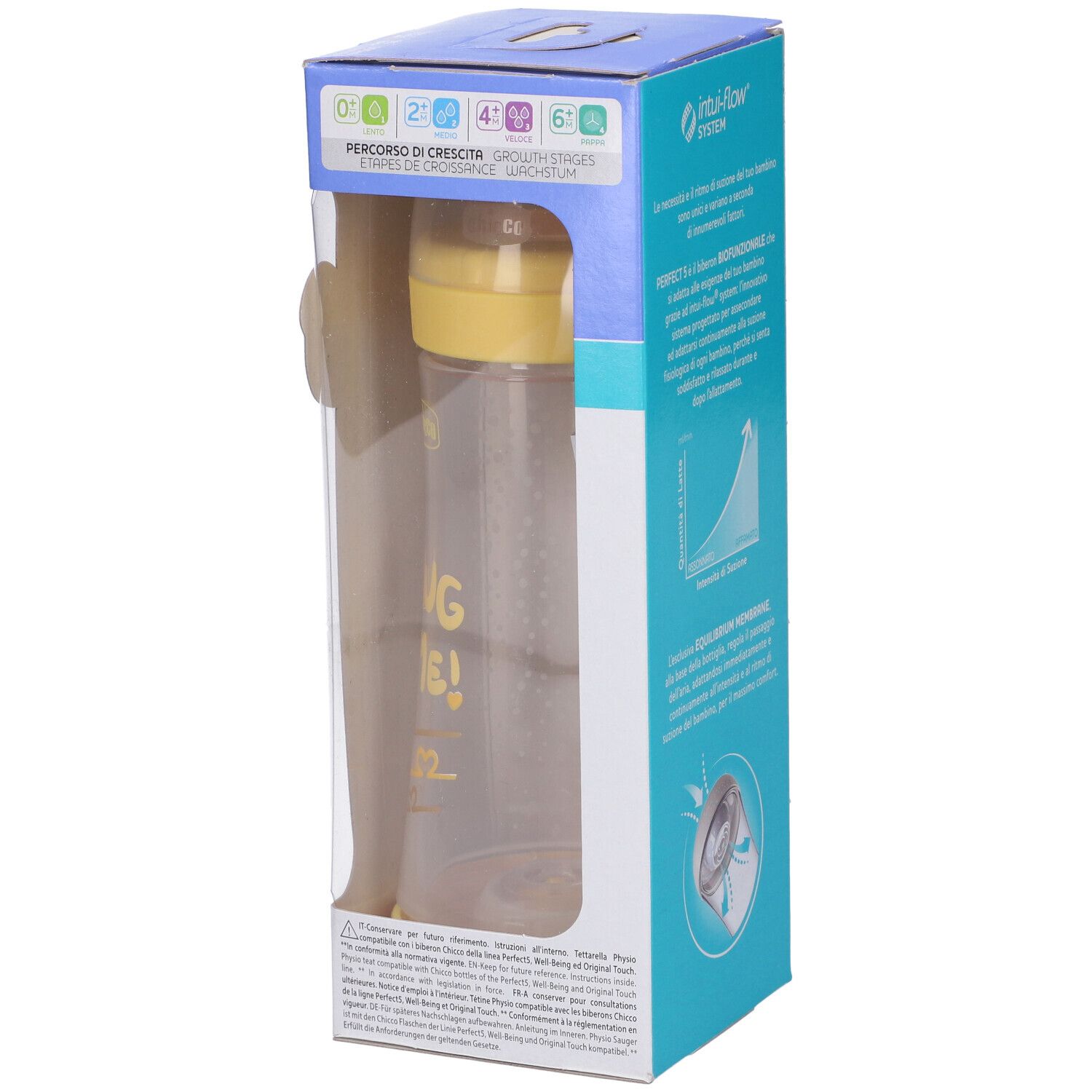 Babyflasche mit gelbem Deckel und Aufdruck 'Big is me!' in einer Pappverpackung mit Sichtfenster.