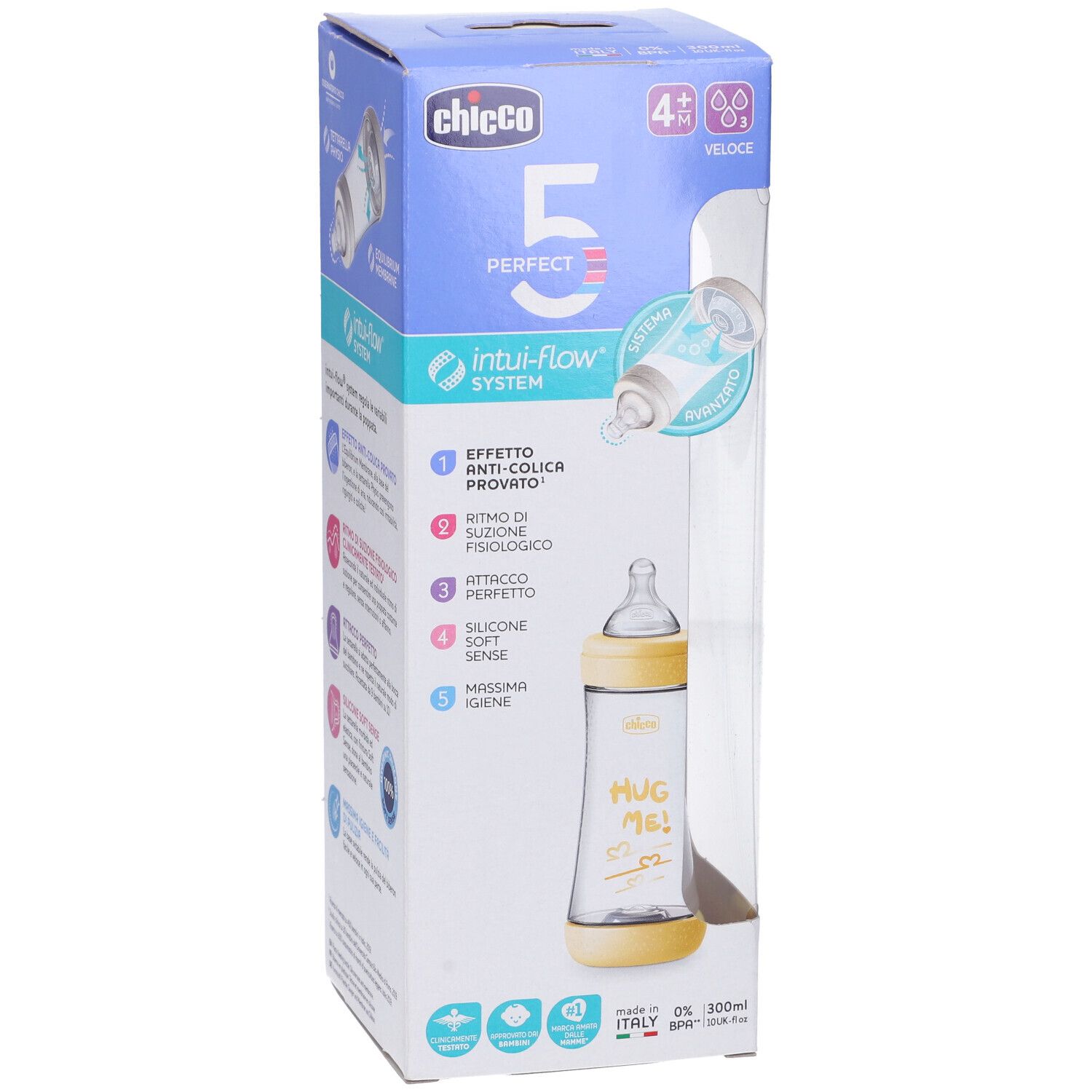 Chicco Babyflasche 300ml, 0+ Monate, mit "Hug me!" Aufschrift.