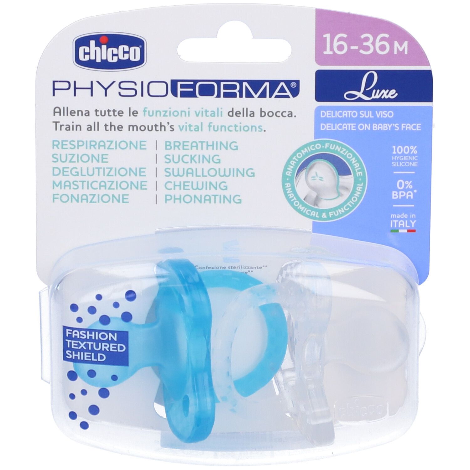 Chicco PhysioForma, succhietto in confezione. Tettarella blu, scudo trasparente. Forma anatomica, 100% silicone.