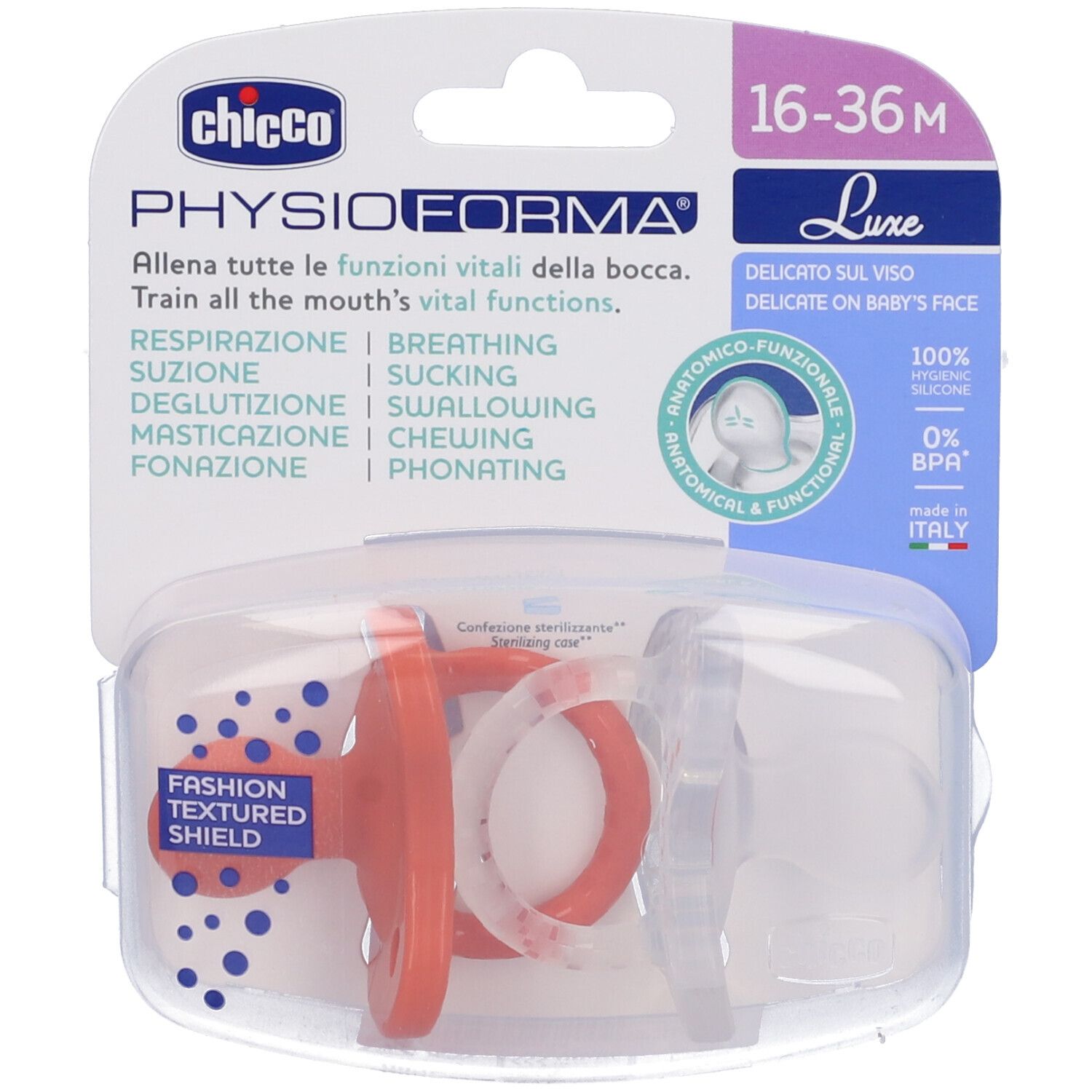 Chicco Luxe succhietto 16-36M, confezione. Anatomico-funzionale, silicone. Con custodia.