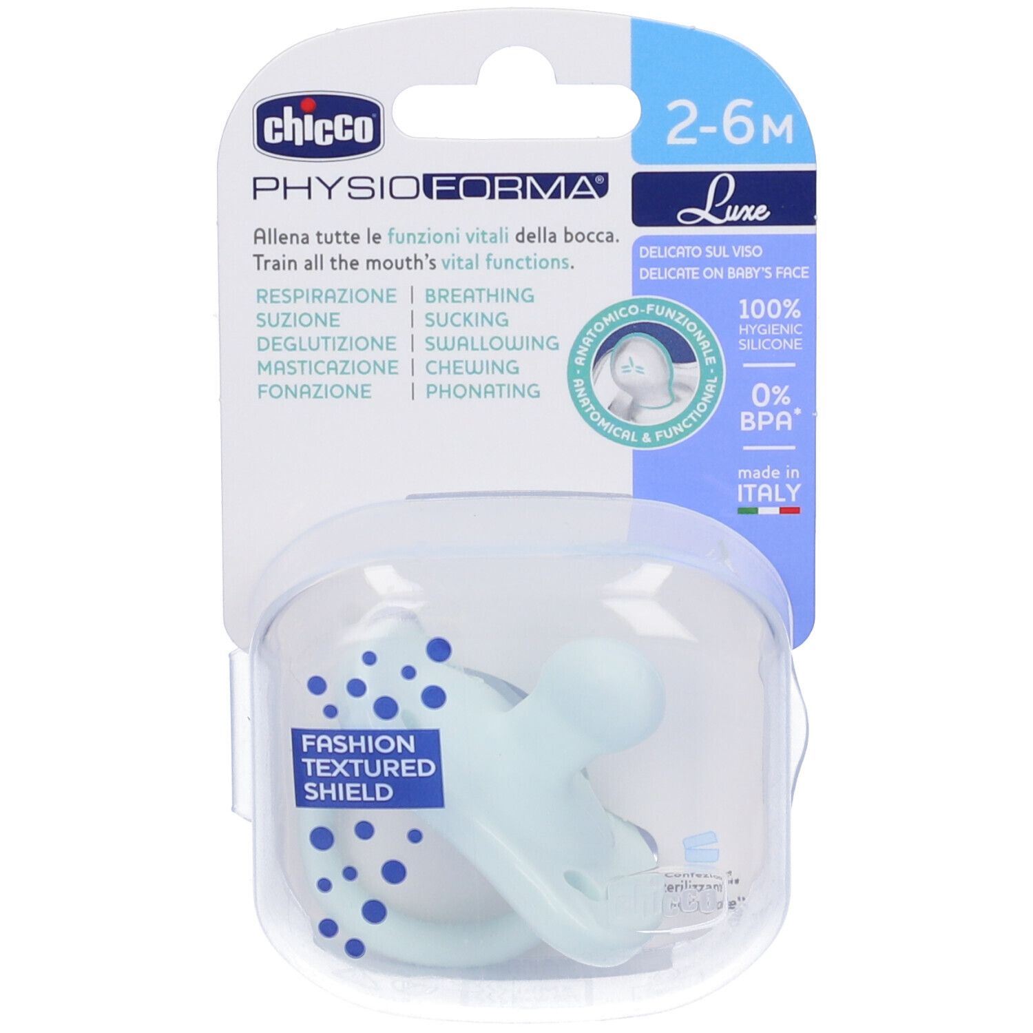 Succhietto azzurro in confezione trasparente. Testo: 2-6M, PhysioForma, Fashion Textured Shield, 100% Silicone igienico, 0% BPA.