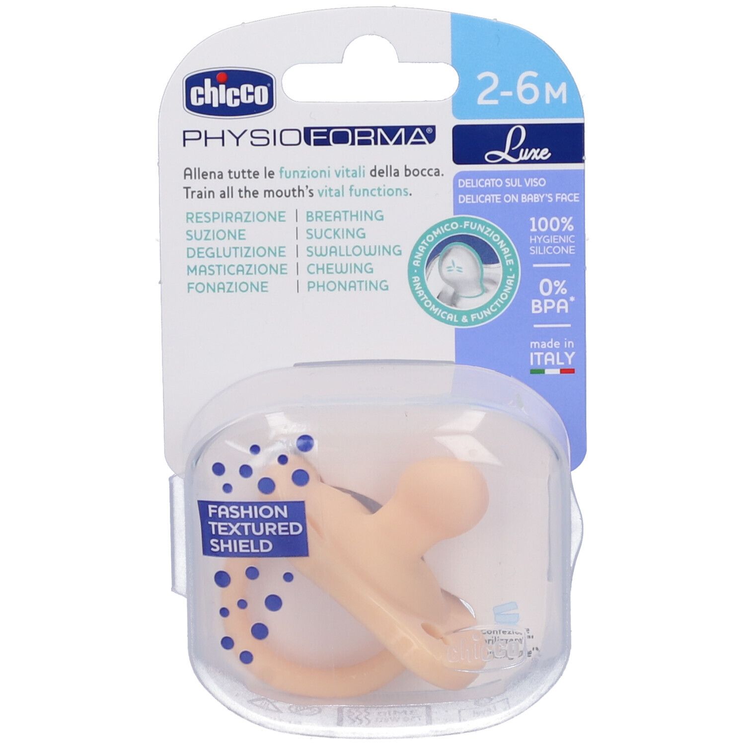 Chicco Gommottino Luxe 2-6m, confezionato. Succhietto anatomico in silicone, con texture. Scatola igienica inclusa.
