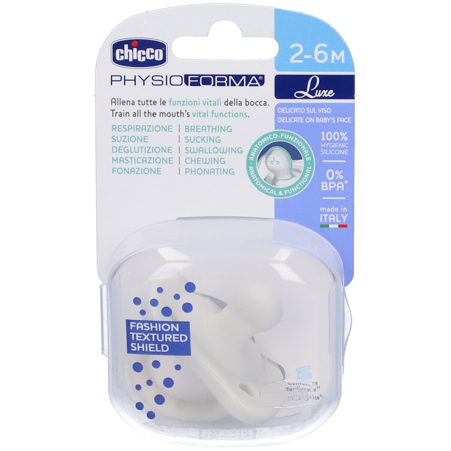 Succhietto bianco in confezione trasparente. Testo: Chicco, PhysioForma, 2-6m, Luxe, 100% silicone, senza BPA.