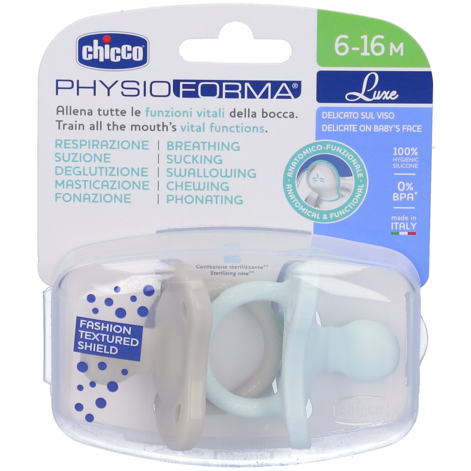 Chicco Gommottino Luxe 6-16 mesi, blu e beige, confezione trasparente. Anatomico e funzionale.