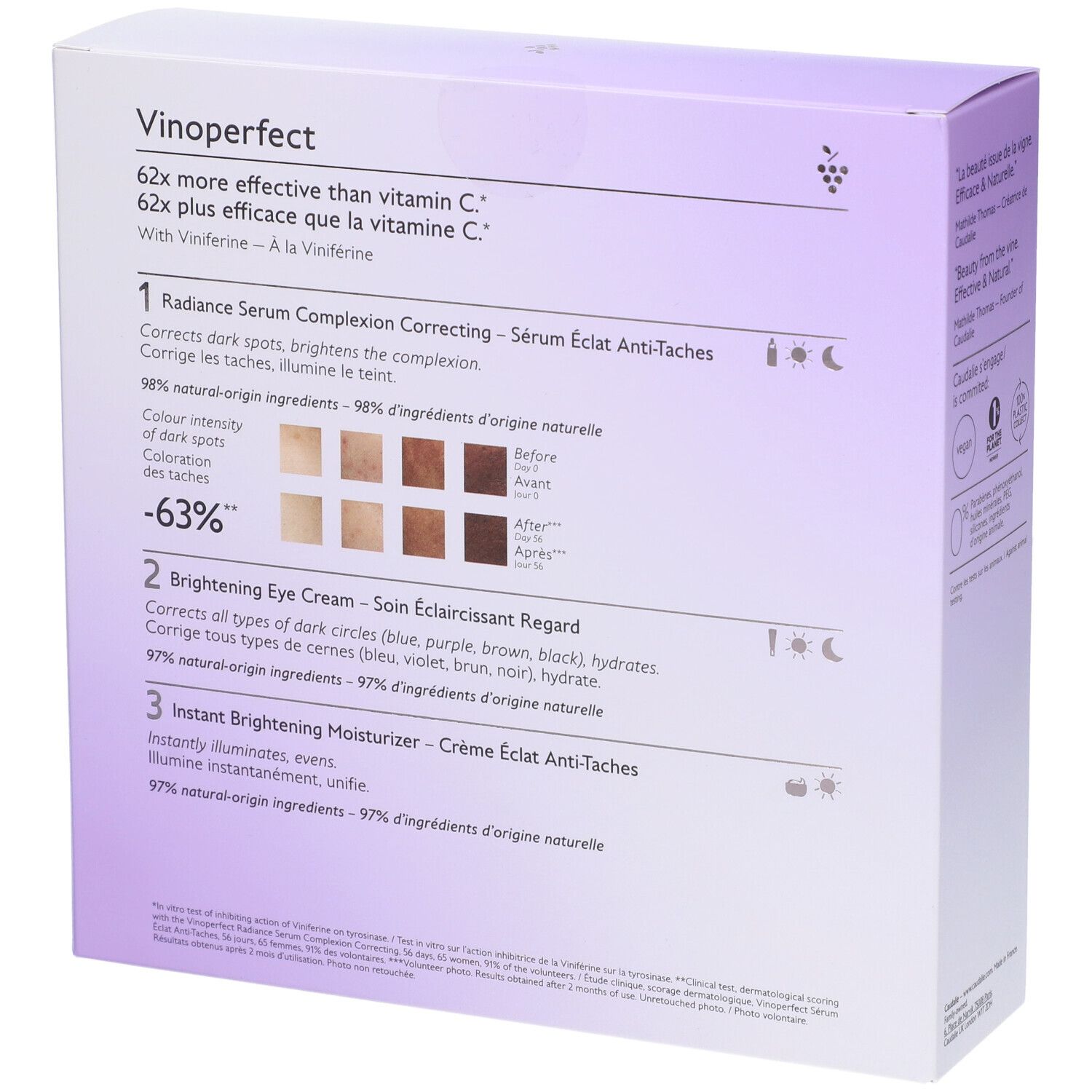 Retro della confezione CAUDALIE. Testo: Vinoperfect, 62x più efficace della vitamina C. Informazioni sui prodotti.