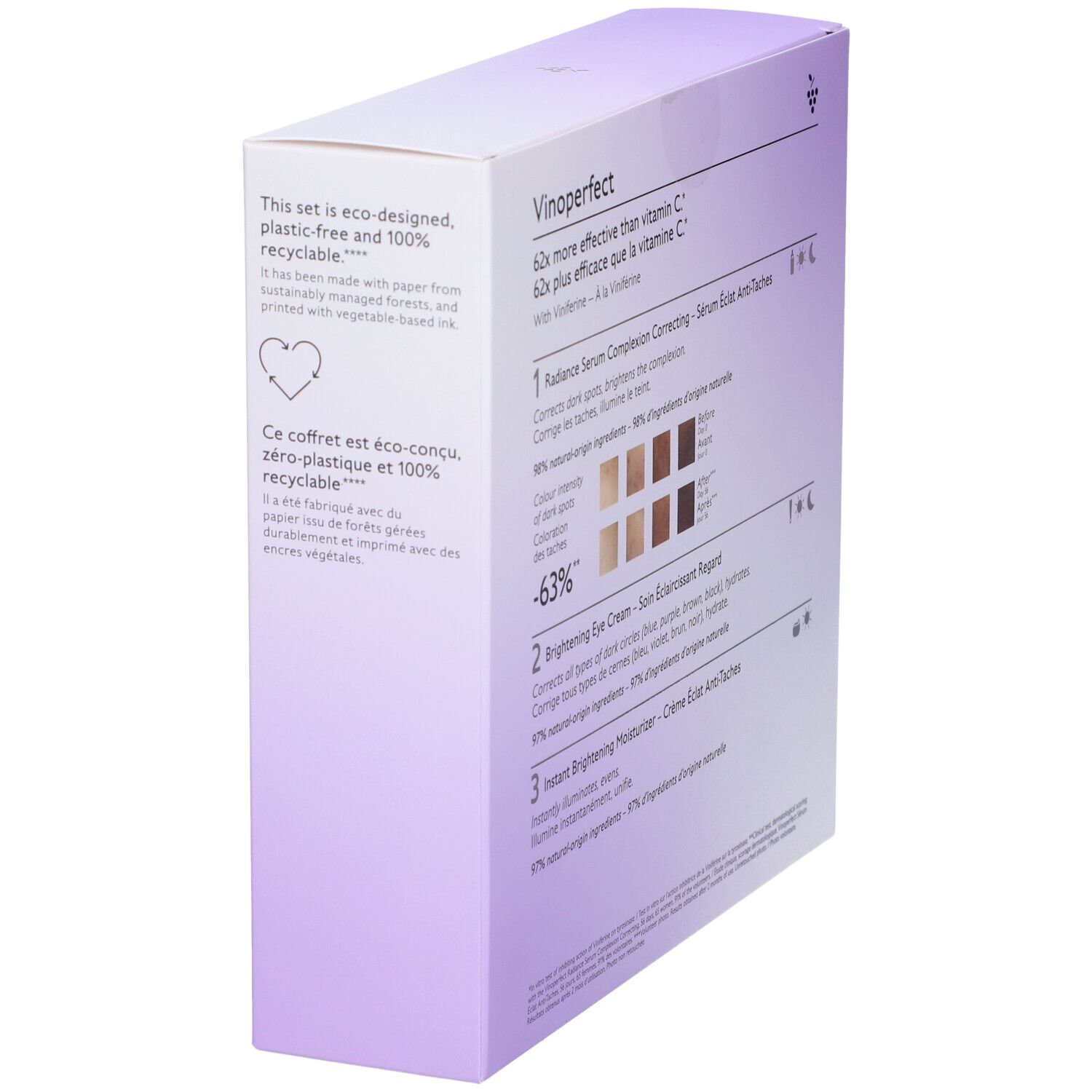 Retro della confezione CAUDALIE. Testo: Vinoperfect, 62x più efficace della vitamina C. Eco-design, riciclabile.