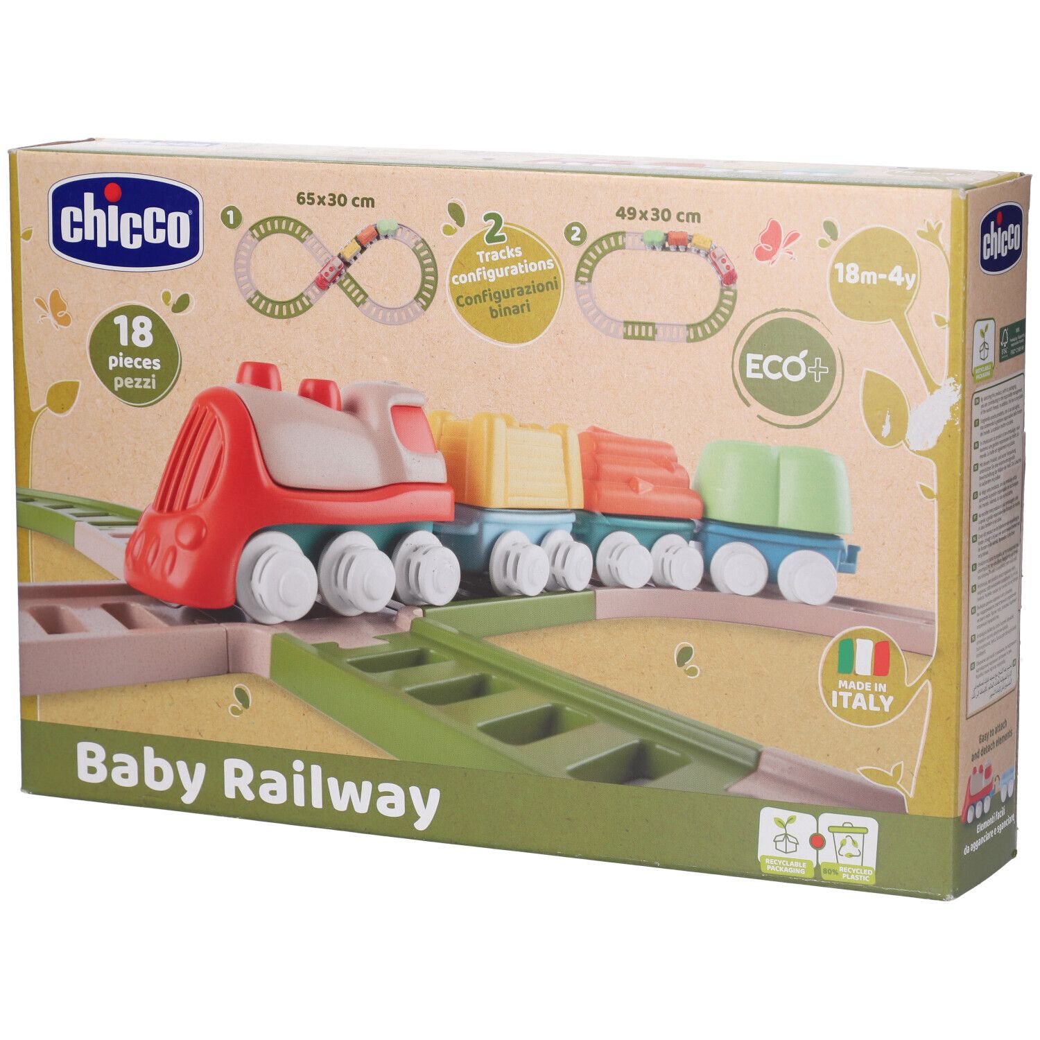 Verpackung der Baby Railway von Chicco. Enthält eine Spielzeugeisenbahn und Gleise. Mit dem Label Eco+ und Made in Italy.