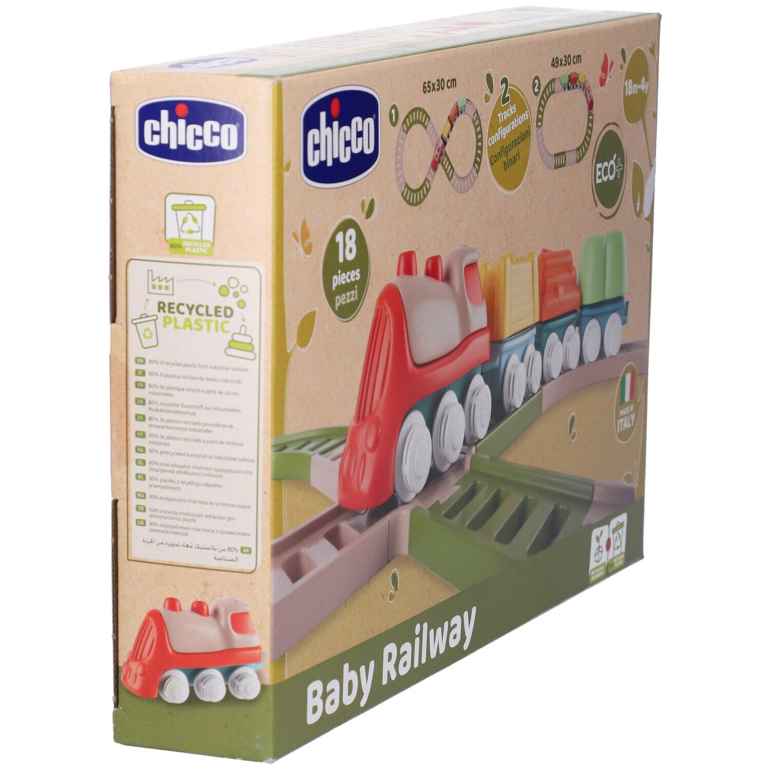 Verpackung der Baby Railway von Chicco. Zeigt das Produkt und das Logo Recycled Plastic. Mit dem Label Eco+.