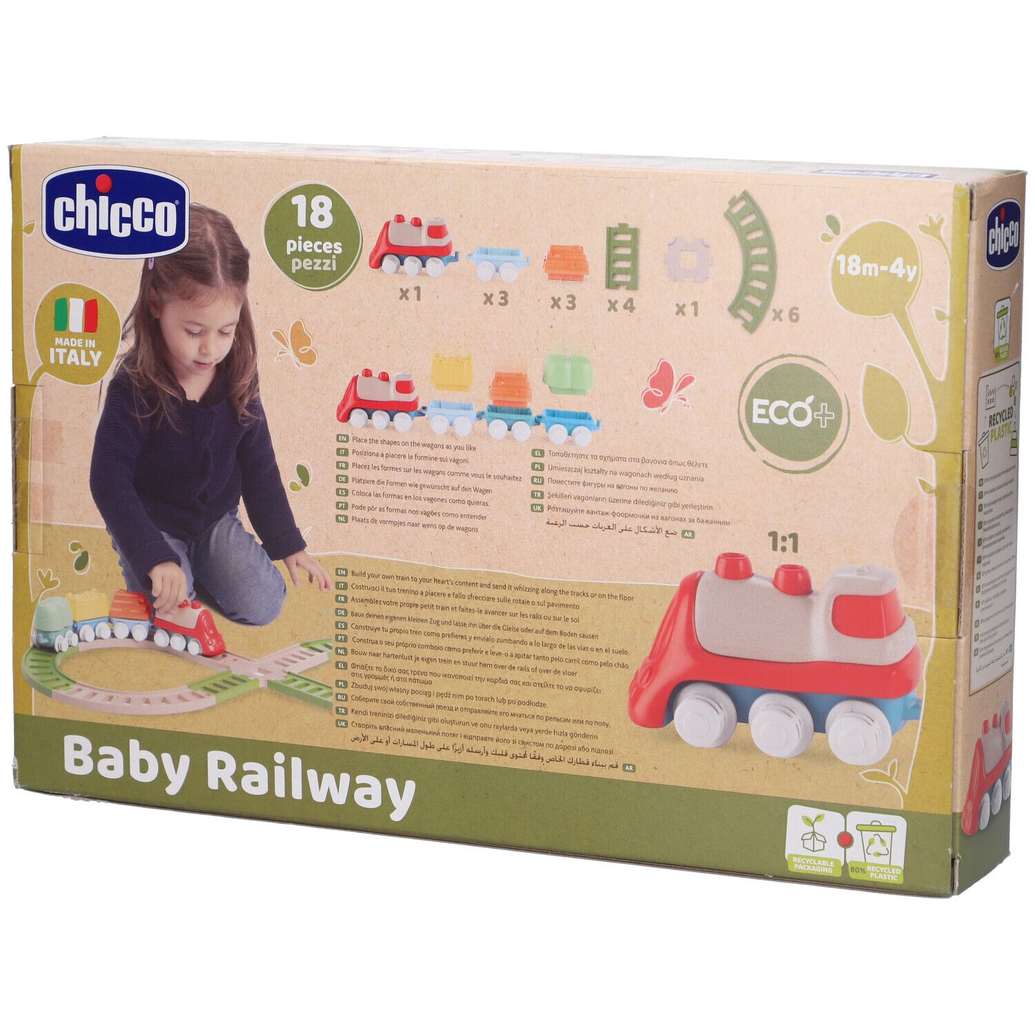 Verpackung der Baby Railway von Chicco. Zeigt das Produkt und ein Kind, das damit spielt. Mit dem Label Eco+.