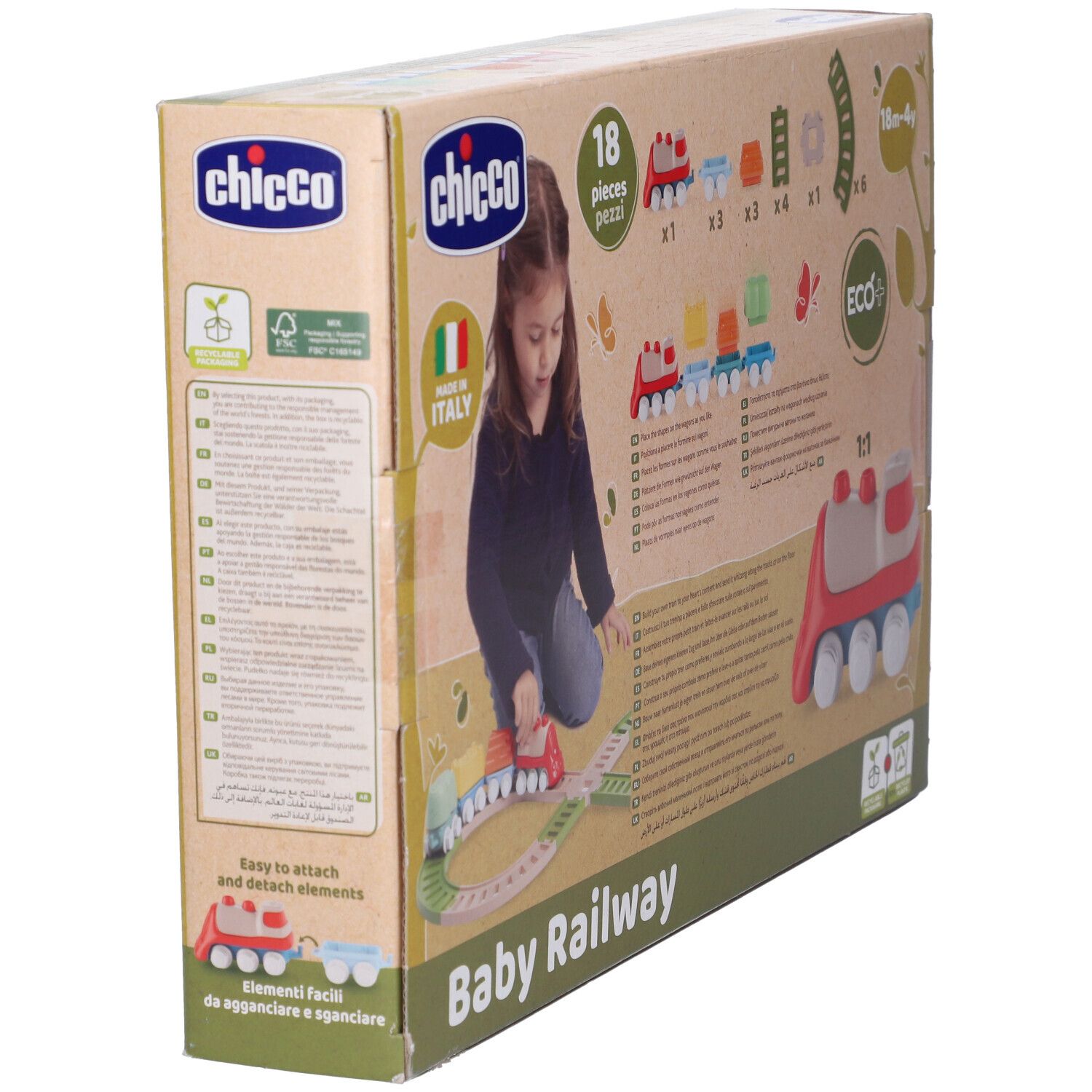 Verpackung der Baby Railway von Chicco. Zeigt das Produkt und ein Kind, das damit spielt. Mit dem Label Eco+.