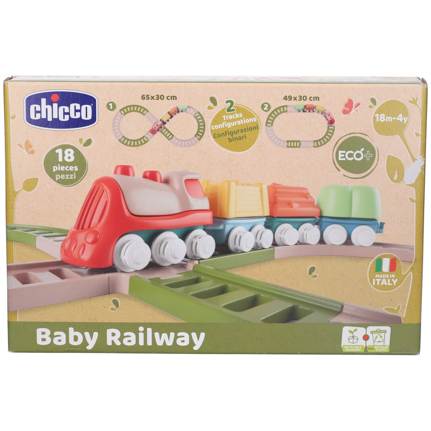 Verpackung der Baby Railway von Chicco. Enthält eine Spielzeugeisenbahn und Gleise. Mit dem Label Eco+ und Made in Italy.