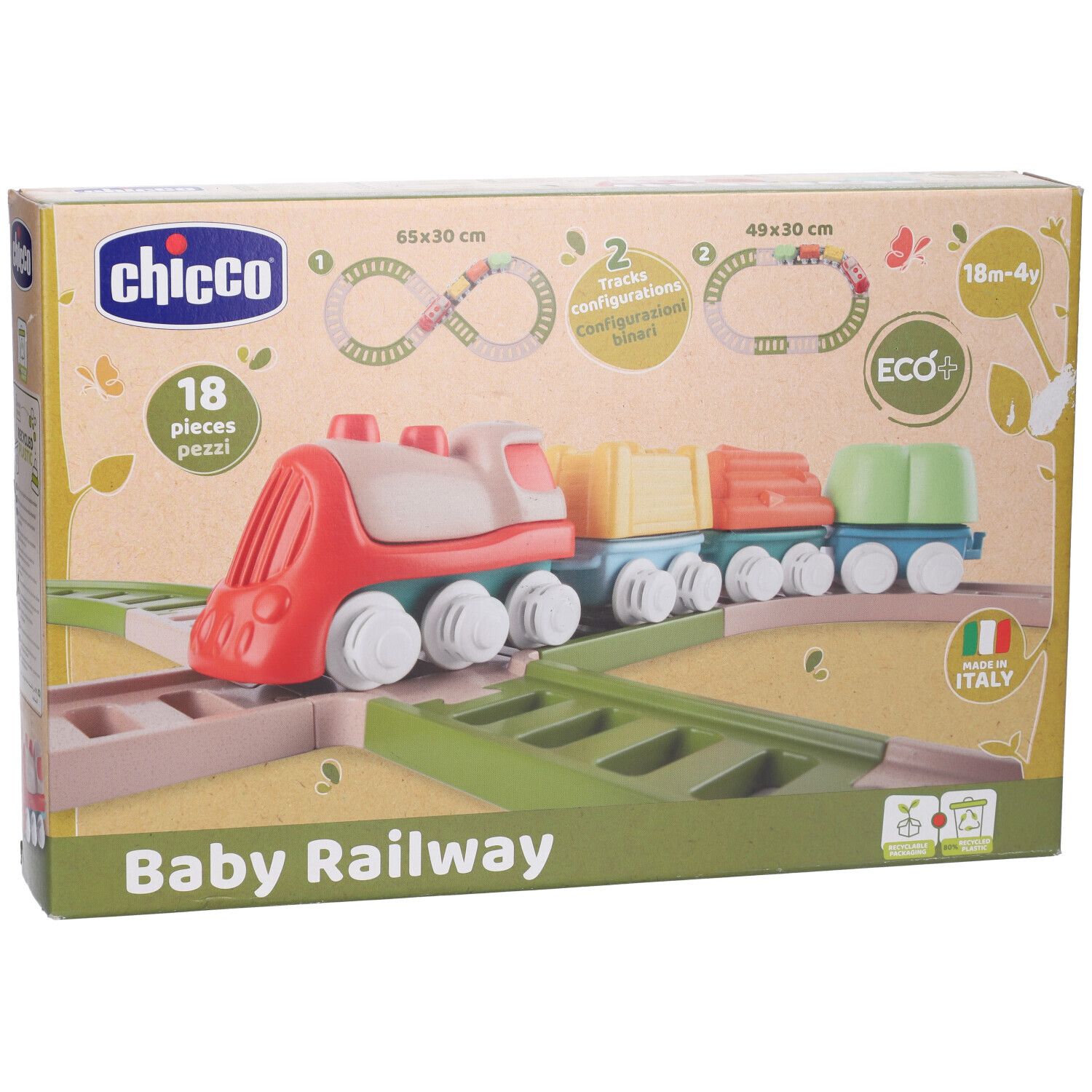 Verpackung der Baby Railway von Chicco. Enthält eine Spielzeugeisenbahn und Gleise. Mit dem Label Eco+ und Made in Italy.