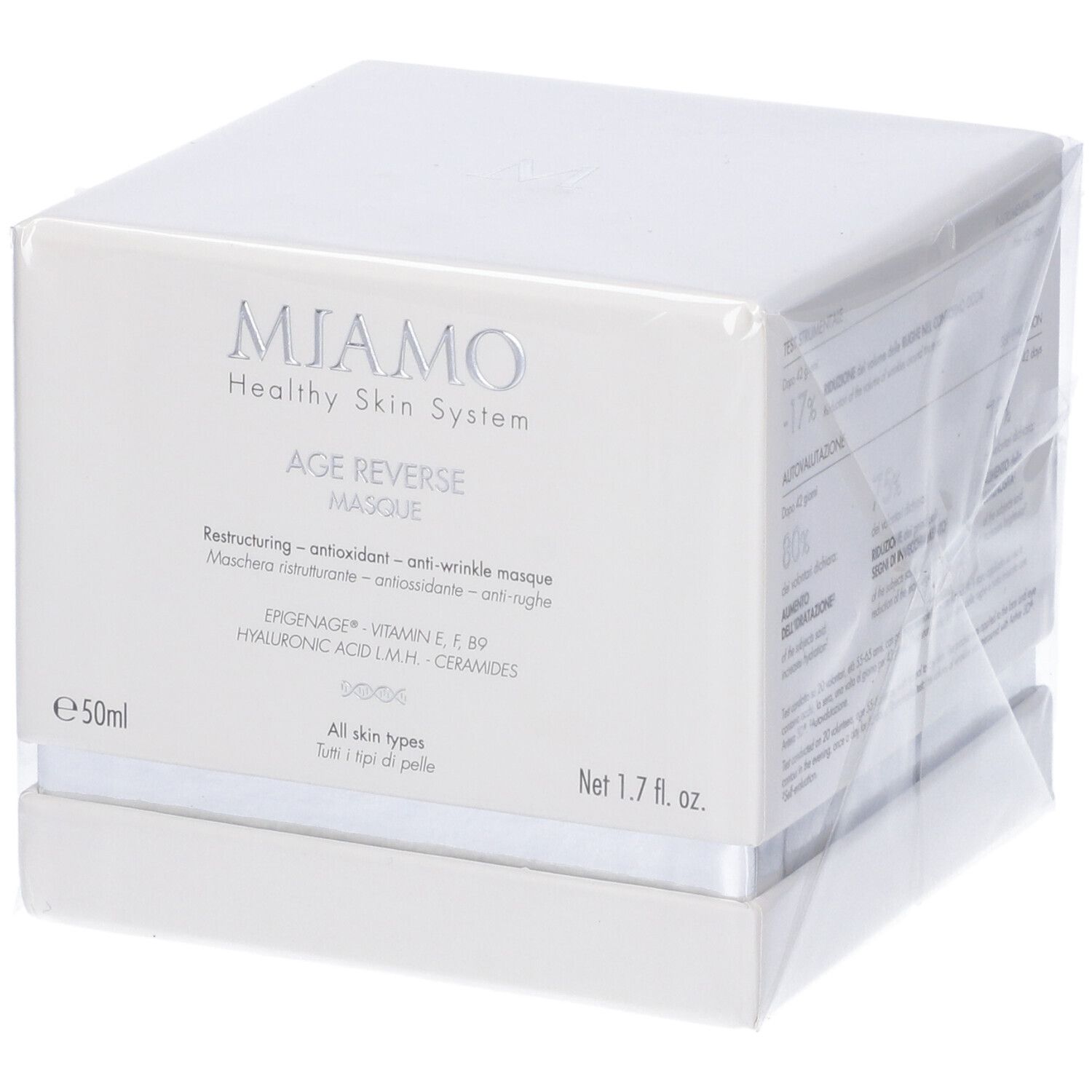 Confezione con informazioni sul prodotto. Scritta: Miamo, Age Reverse Masque. Confezionato in pellicola.
