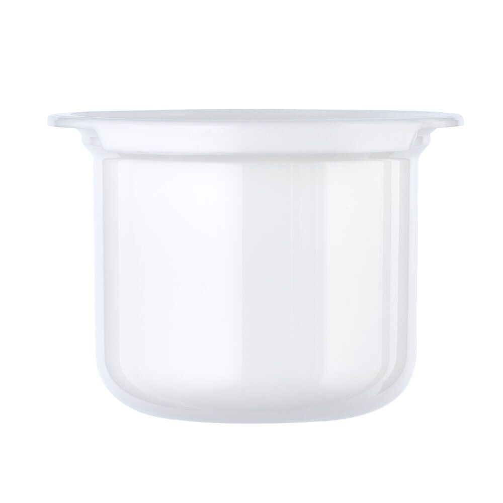 Contenitore cilindrico bianco con bordo largo. Forma trasparente. Per prodotti per la cura della pelle.