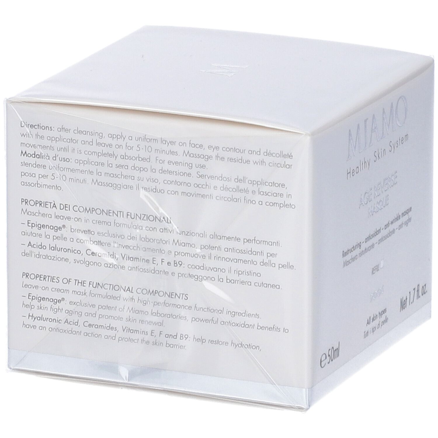 Scatola bianca con testo. Istruzioni e ingredienti. Marchio Miamo, Age Reverse Masque.