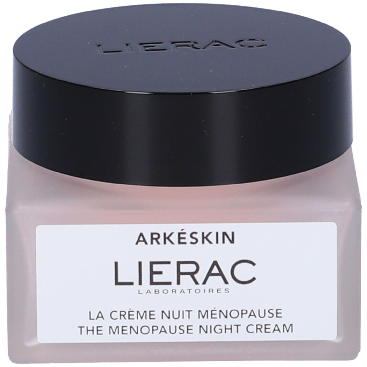 Vaso di crema con coperchio nero. Etichetta: "ARKÉSKIN LIERAC". Sotto: "LA CRÈME NUIT MÉNOPAUSE THE MENOPAUSE NIGHT CREAM".