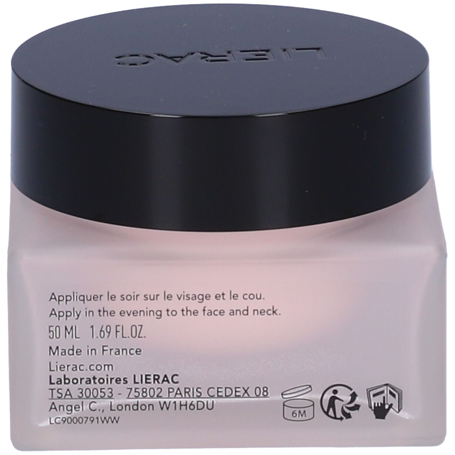 Retro di un vaso rosa con coperchio nero. Testo: Applicare la sera su viso e collo. 50 ml 1.69 FL.OZ. Made in France.