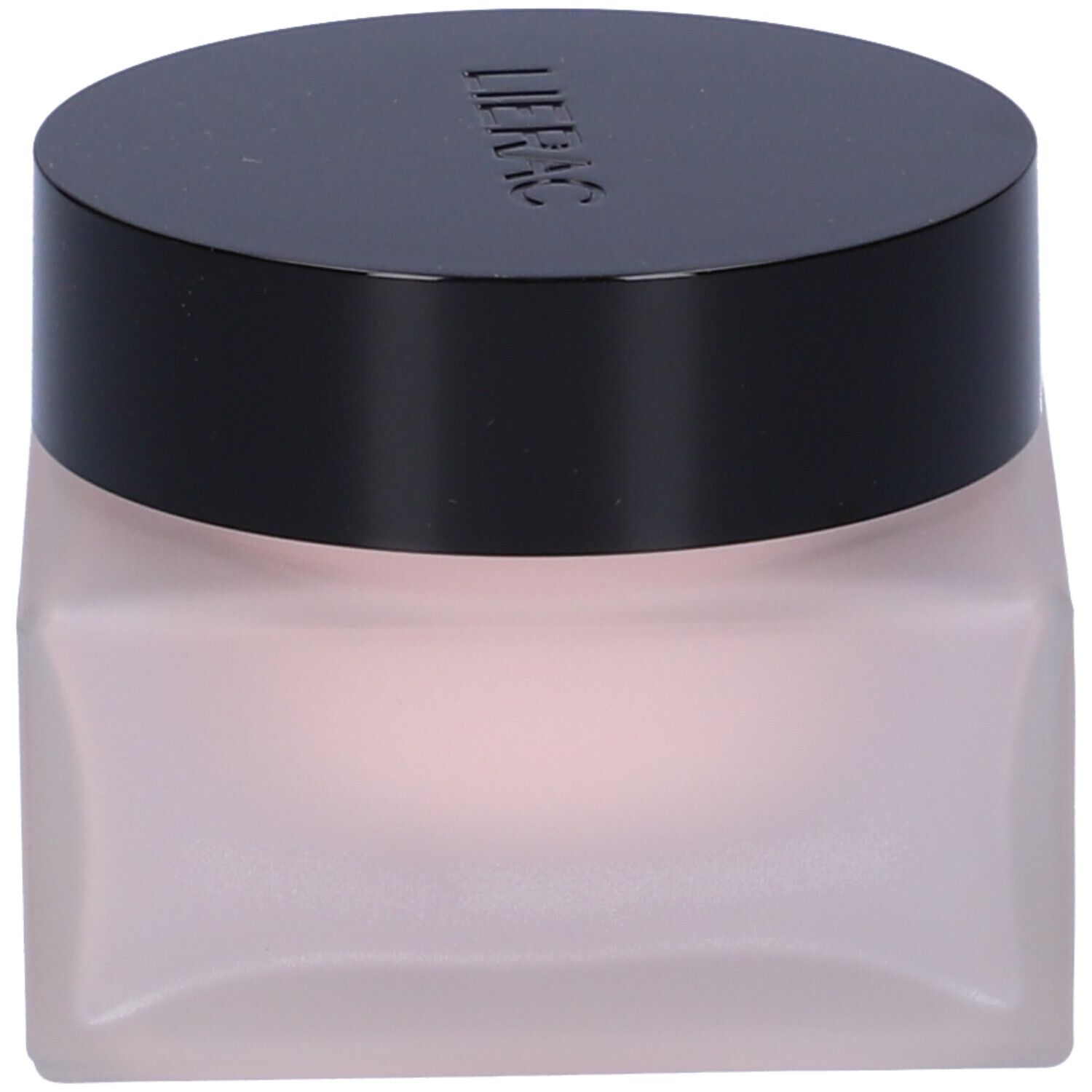 Vaso quadrato rosa con coperchio nero. Sul coperchio: "LIERAC".