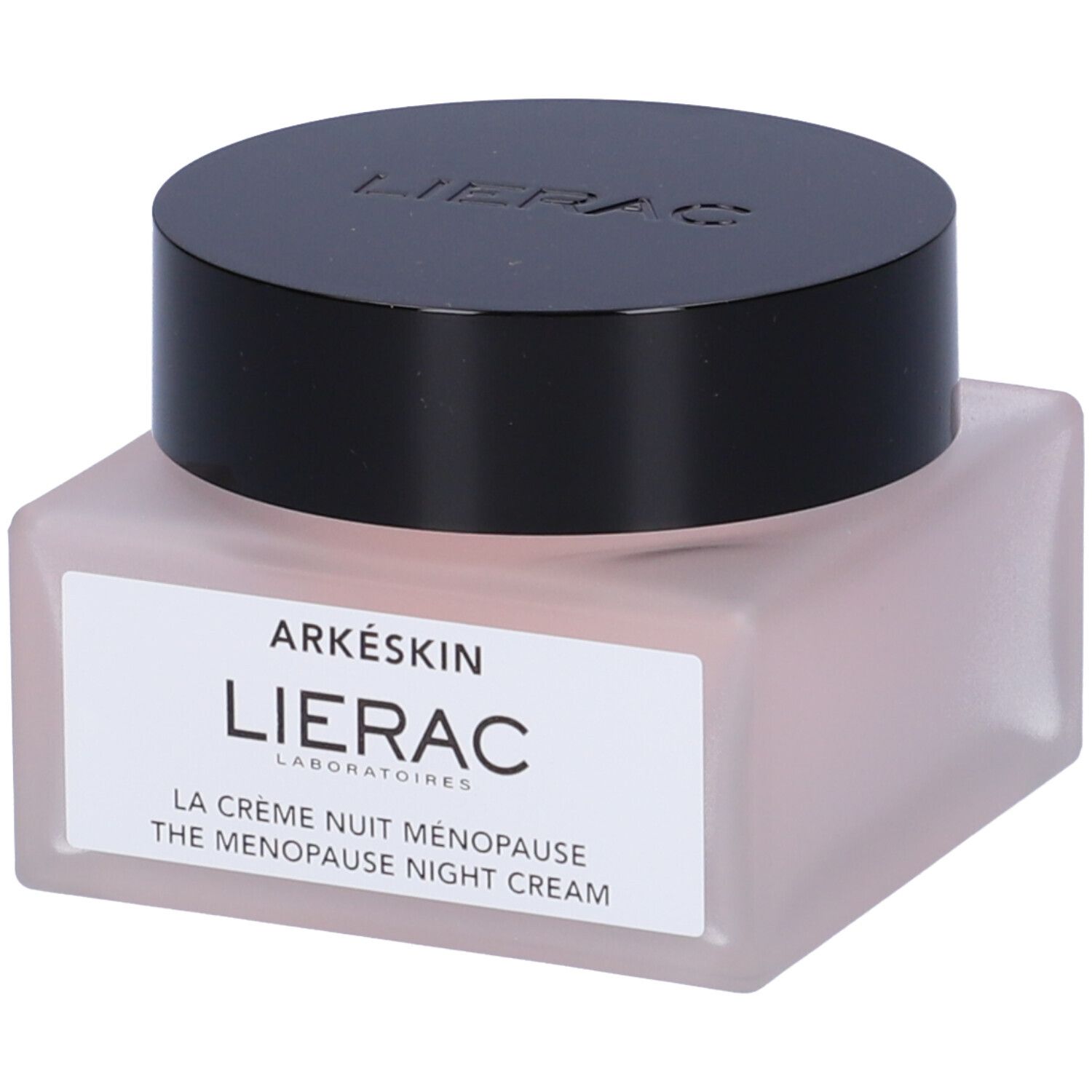 Vaso di crema con coperchio nero. Etichetta: "ARKÉSKIN LIERAC". Sotto: "LA CRÈME NUIT MÉNOPAUSE THE MENOPAUSE NIGHT CREAM".