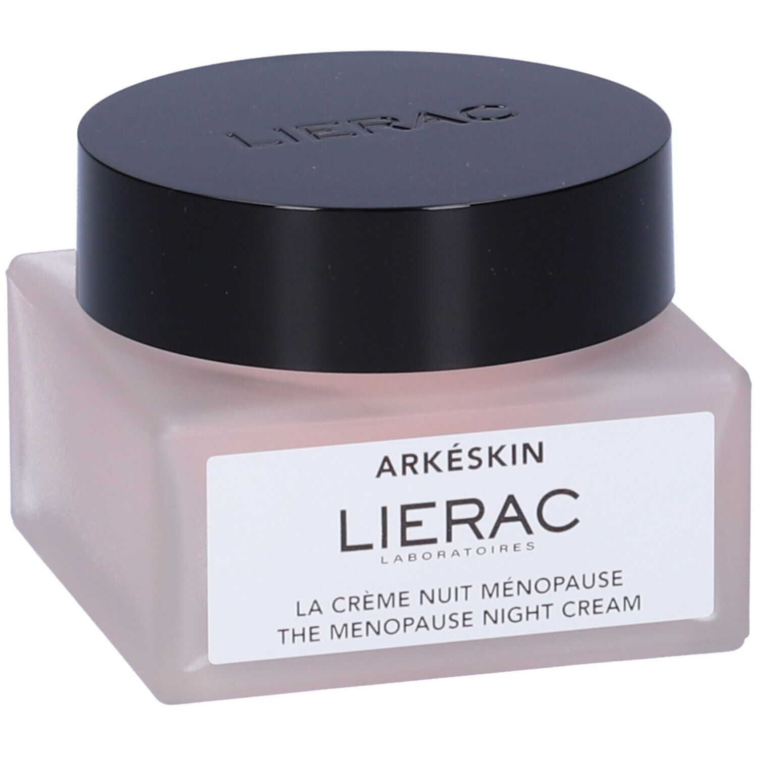 Vaso di crema con coperchio nero. Etichetta: "ARKÉSKIN LIERAC". Sotto: "LA CRÈME NUIT MÉNOPAUSE THE MENOPAUSE NIGHT CREAM".