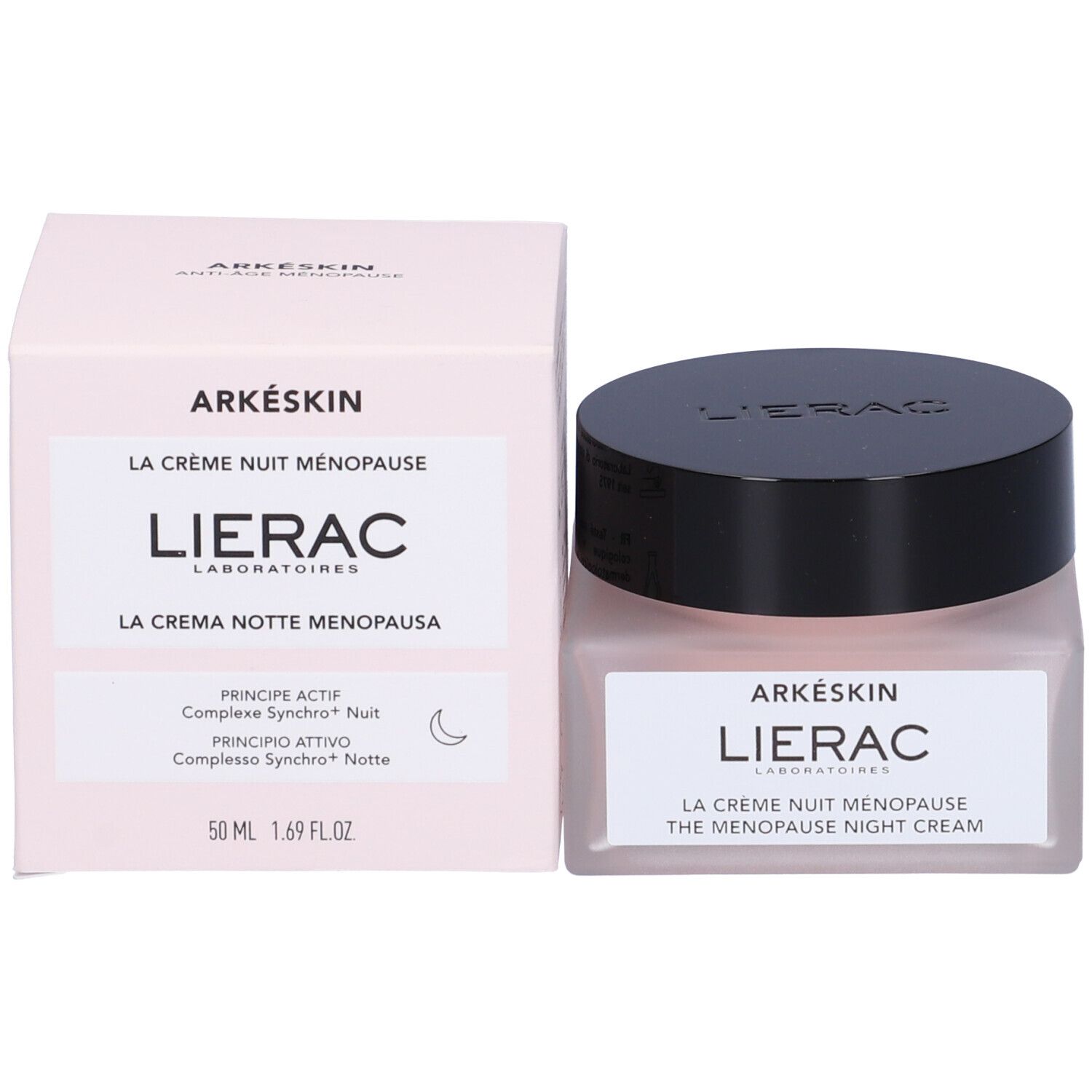 Confezione e vaso. Confezione: "ARKÉSKIN LA CRÈME NUIT MÉNOPAUSE". Vaso: "ARKÉSKIN LIERAC LA CRÈME NUIT MÉNOPAUSE".