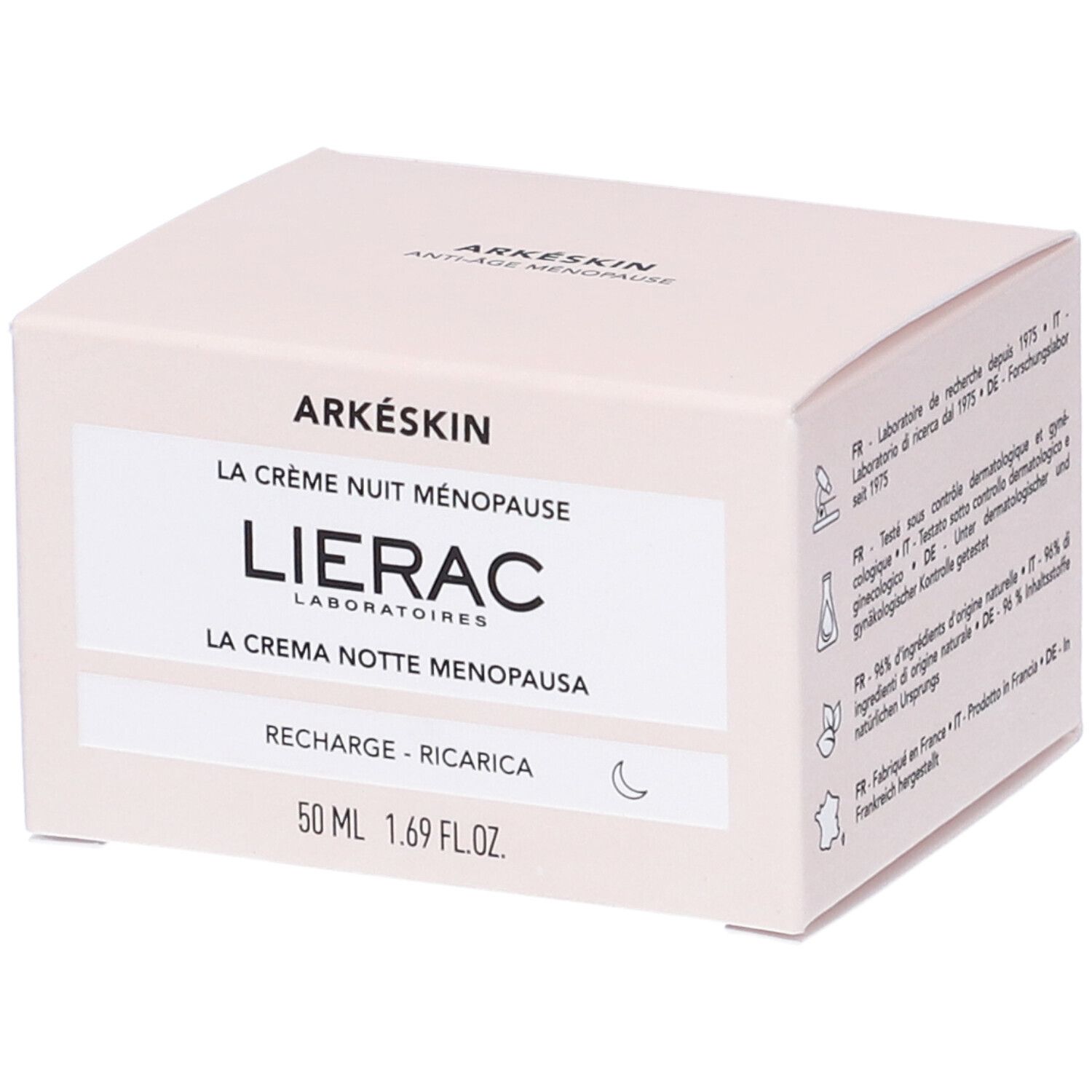 Confezione crema. Arkéskin Anti-Age Menopausa. Lierac Laboratoires. La Crema Notte Menopausa. 50 ml.