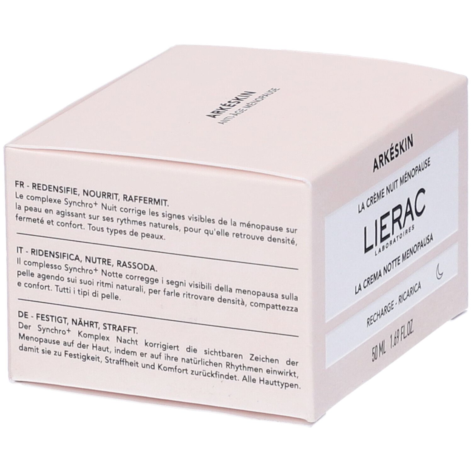 Confezione crema. Arkéskin Anti-Age Menopausa. Lierac Laboratoires. Testo in francese, italiano e tedesco.