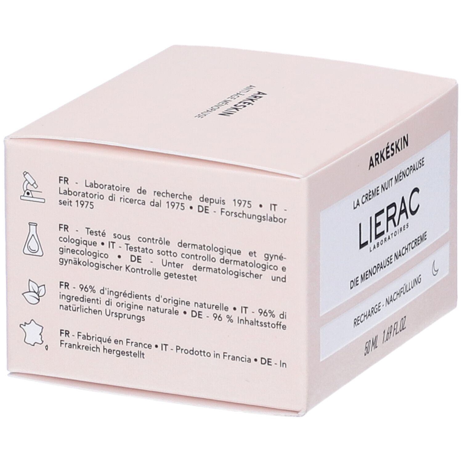 Confezione crema. Arkéskin Anti-Age Menopausa. Lierac Laboratoires. Testo in francese, italiano e tedesco.