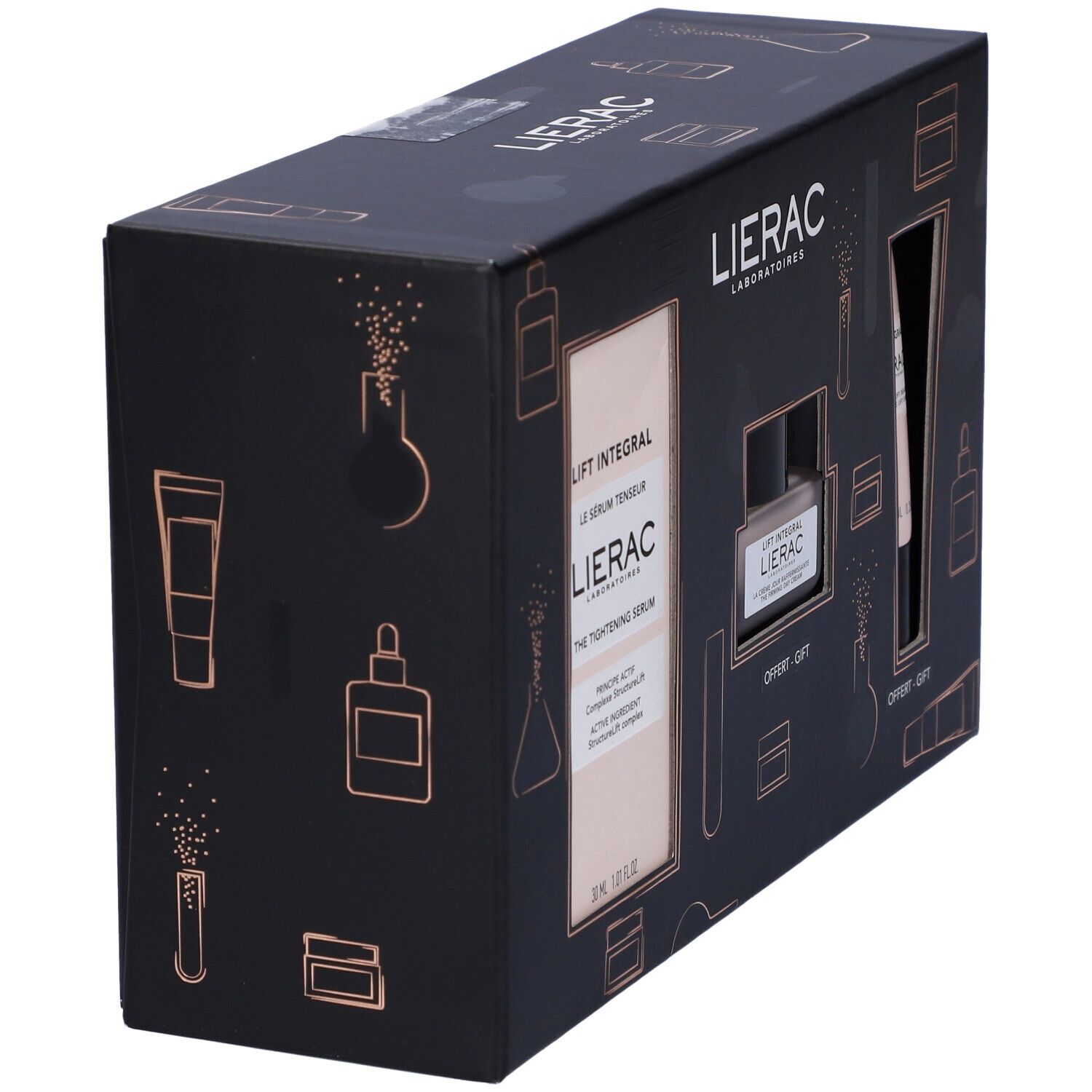 Confezione regalo nera LIERAC Lift Integral. Scritte bianche e rosa. Contiene siero, crema e contorno occhi.