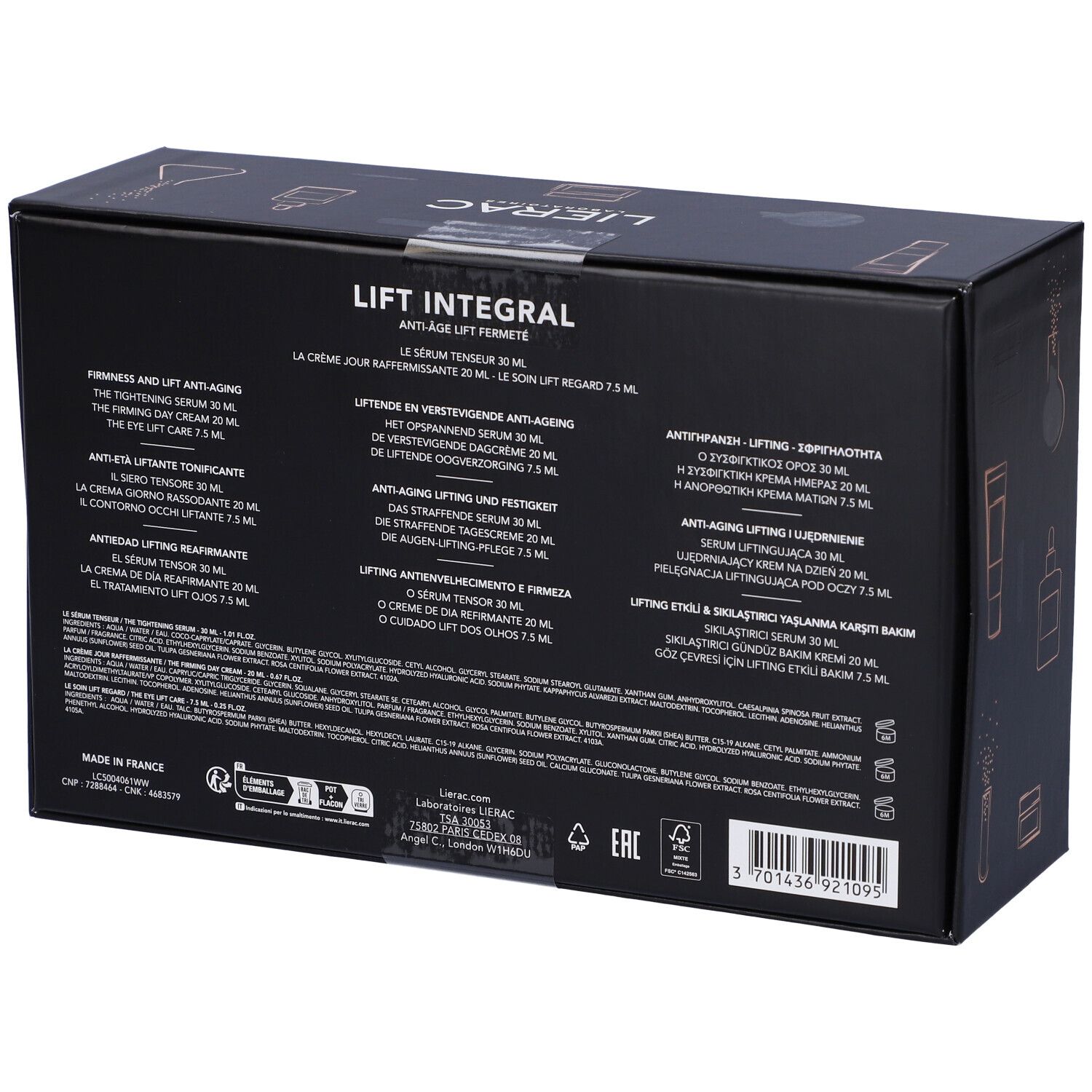 Retro della confezione regalo nera LIERAC Lift Integral. Testo multilingue. Informazioni sul prodotto.