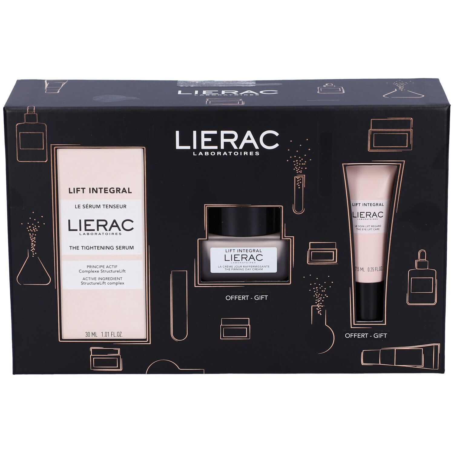Confezione regalo nera LIERAC Lift Integral con siero, crema e contorno occhi. Prodotti rosa e bianchi.