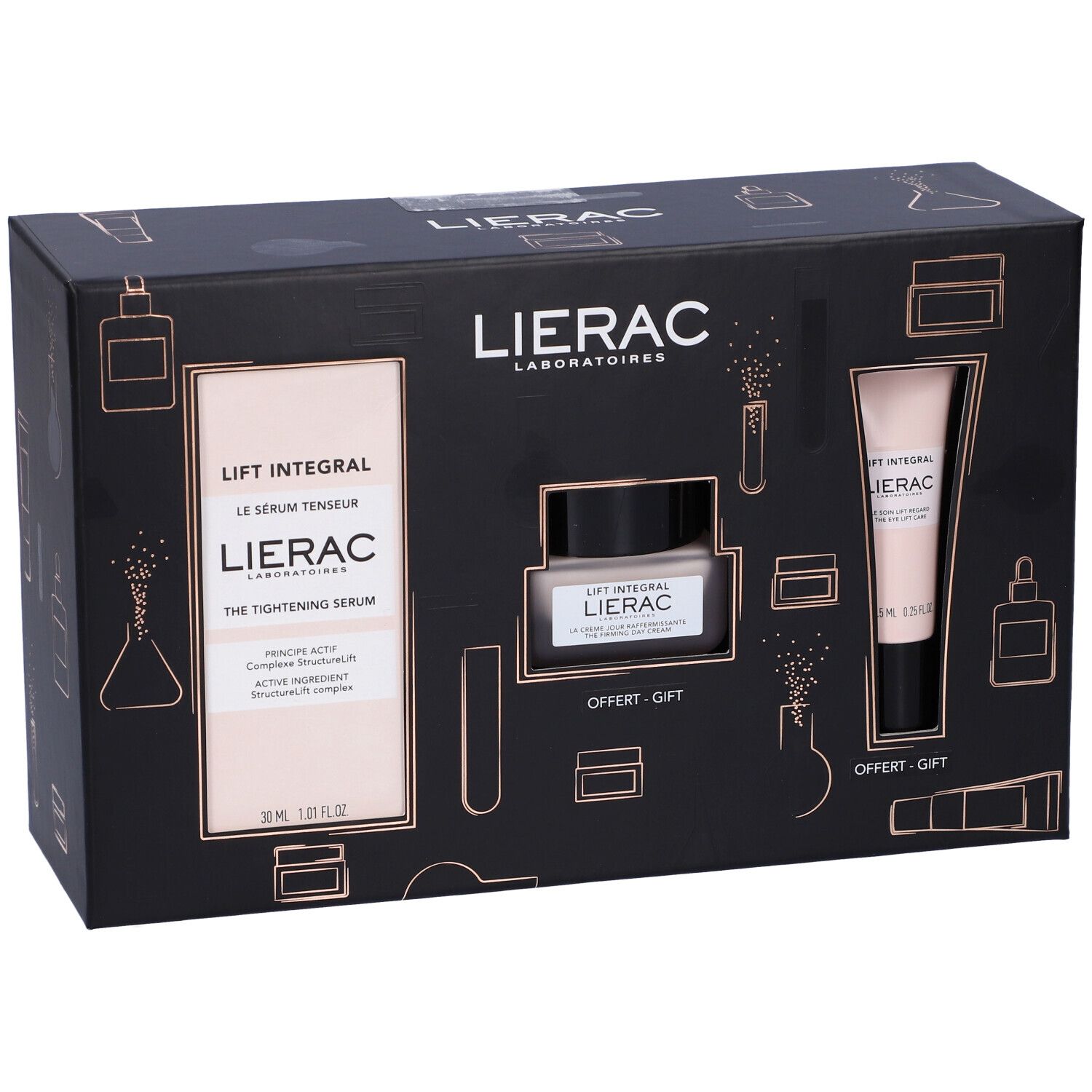 Confezione regalo nera LIERAC Lift Integral con siero, crema e contorno occhi. Prodotti rosa e bianchi.