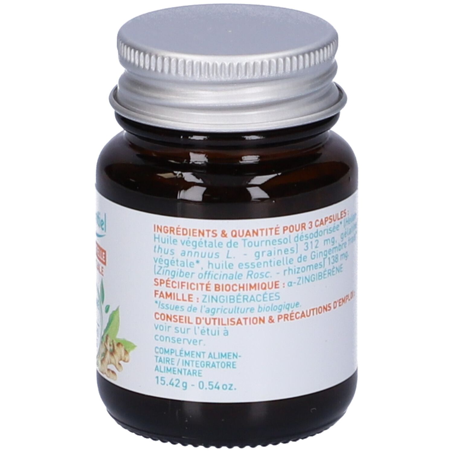 Flacone di vetro marrone con tappo argentato. Etichetta con ingredienti e logo bio. Peso: 15,42g - 0,54 oz.