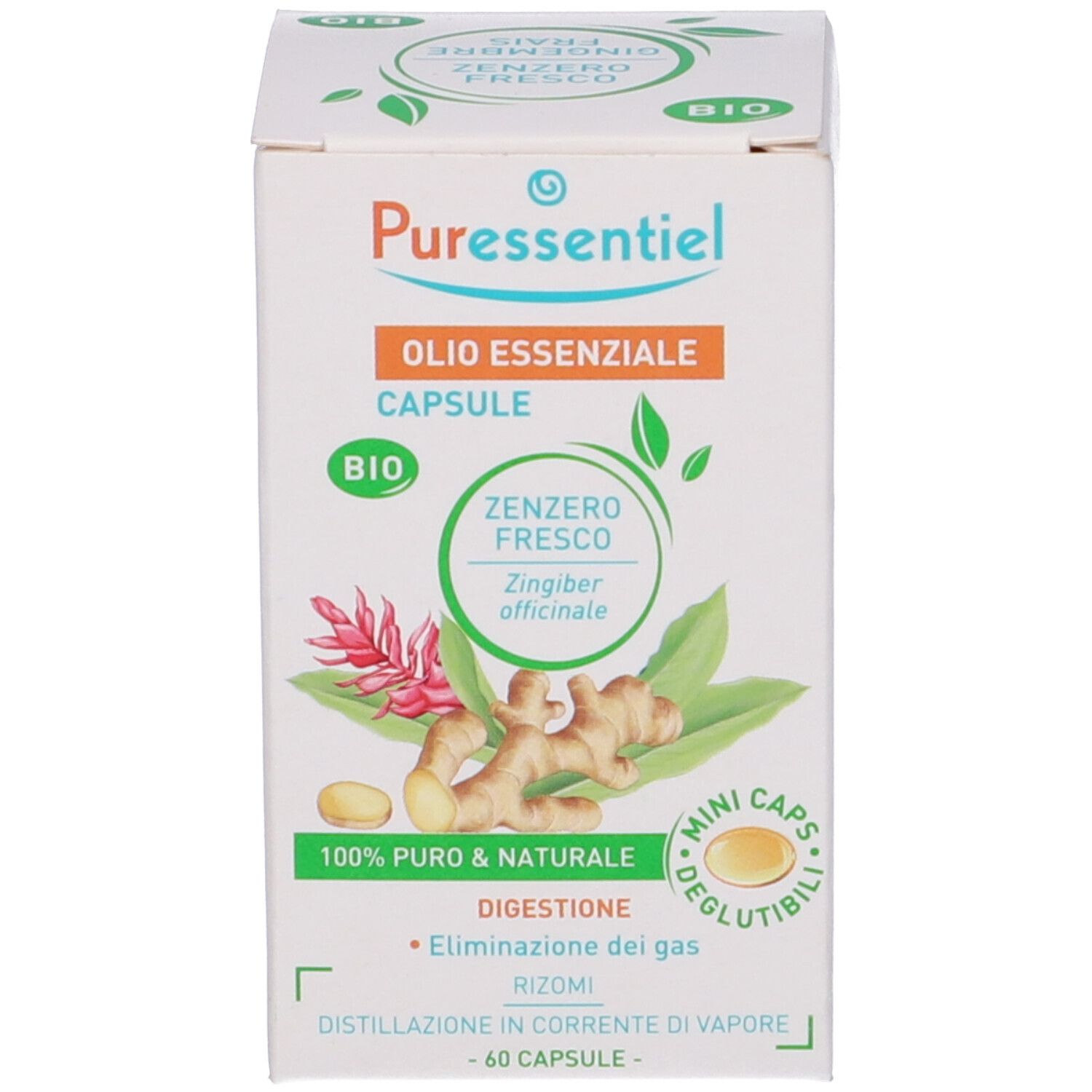 Confezione bianca con nome del prodotto, logo bio e illustrazione di zenzero. Contiene 60 capsule.