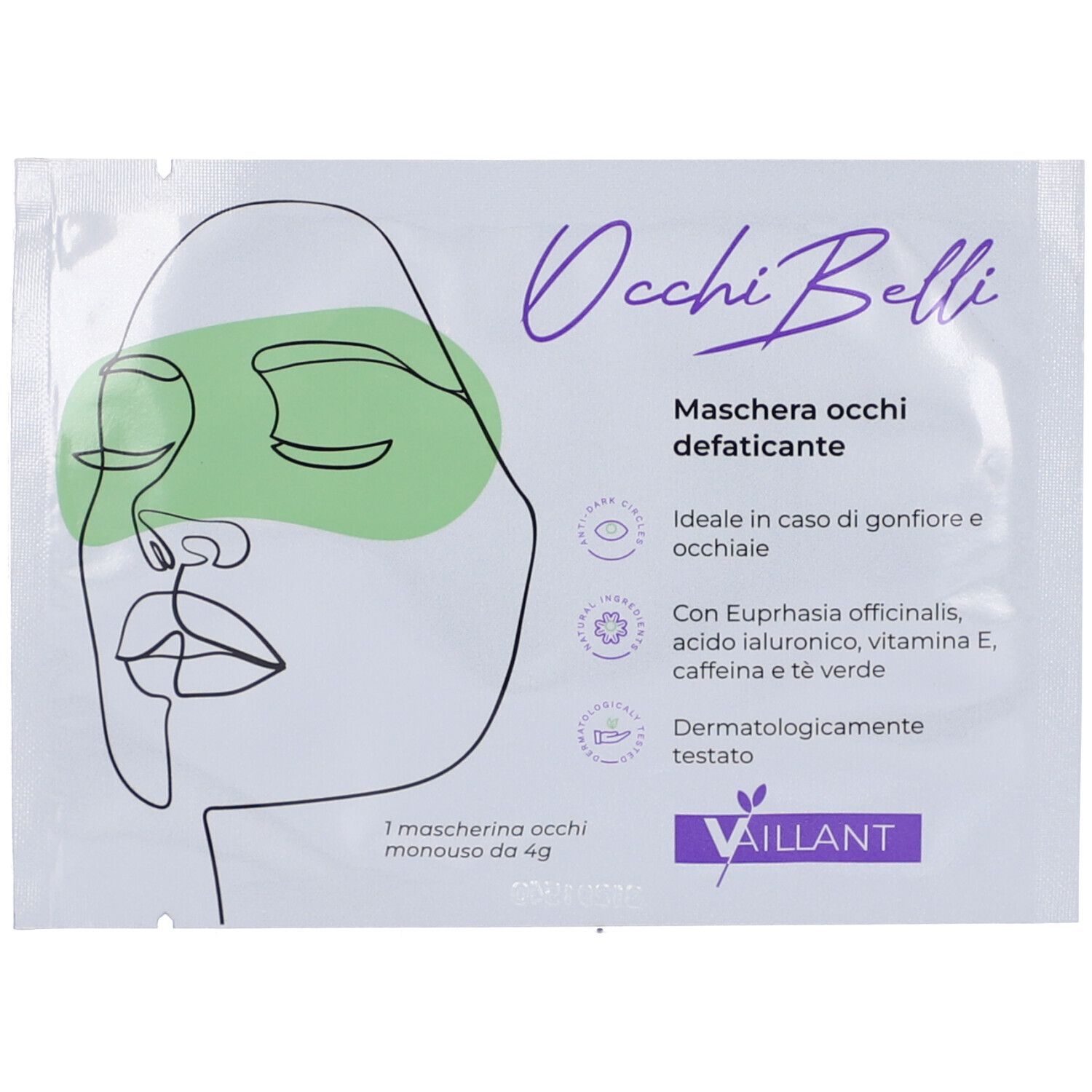 Verpackung mit Augenmaske. Aufdruck: Occhi Belli, Maschera occhi defaticante. Vaillant Logo.