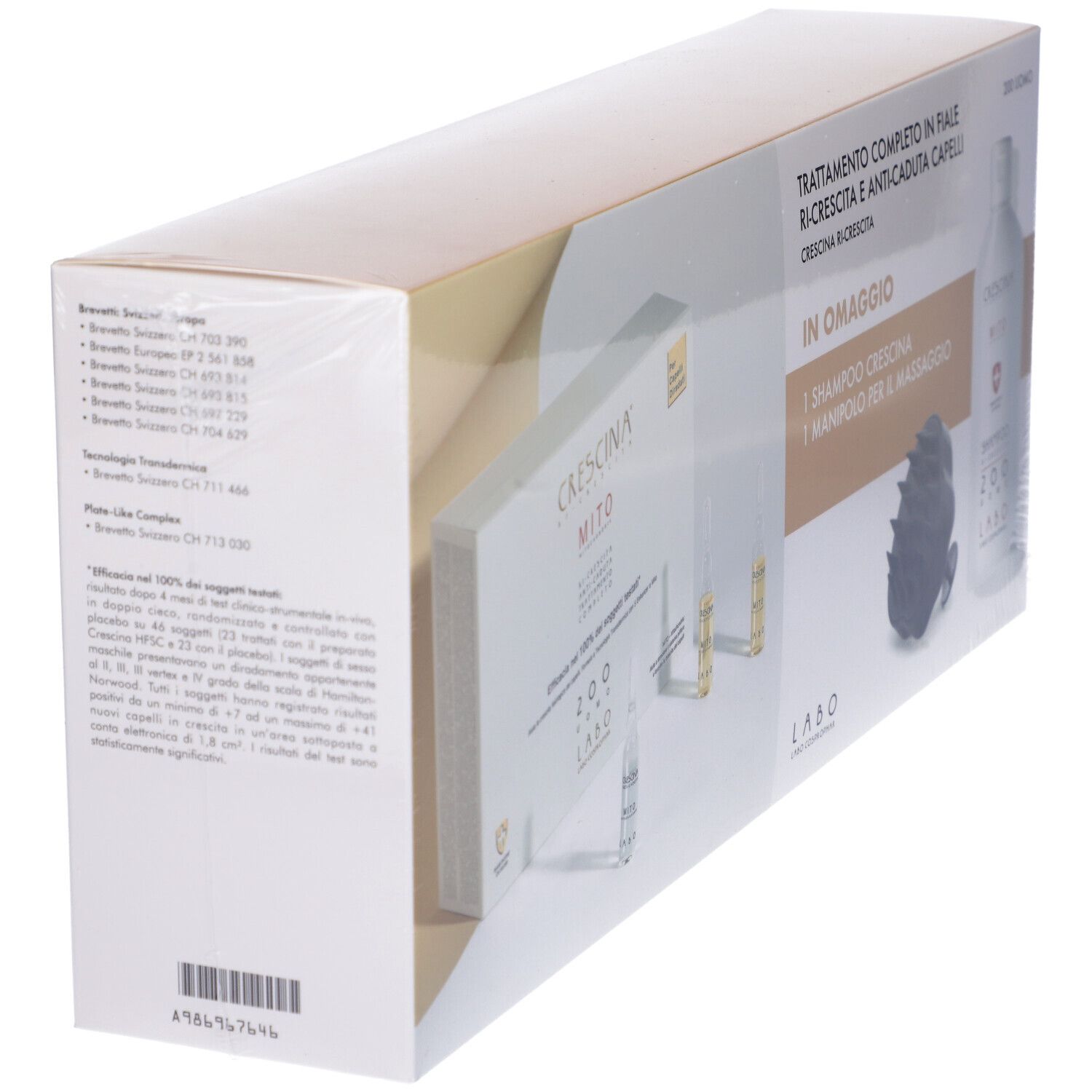 Confezione con informazioni sul prodotto. Scritta: CRESCINA MITO. Contiene fiale, shampoo e massaggiatore. Imballaggio trasparente.