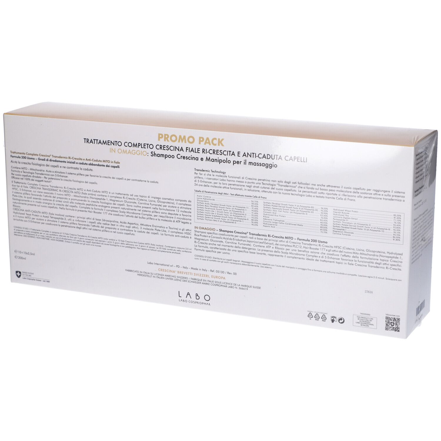 Confezione prodotto con testo. Scritta: PROMO PACK, TRATTAMENTO COMPLETO CRESCINA. Contiene informazioni e loghi. Scatola bianca.
