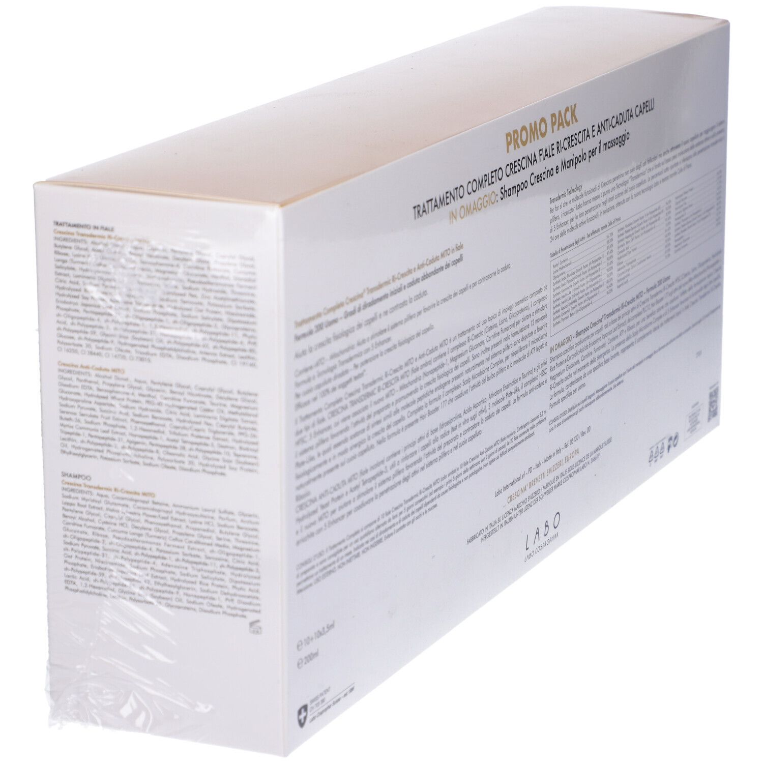 Confezione prodotto con testo. Scritta: PROMO PACK, TRATTAMENTO COMPLETO CRESCINA. Contiene informazioni e loghi. Scatola bianca.