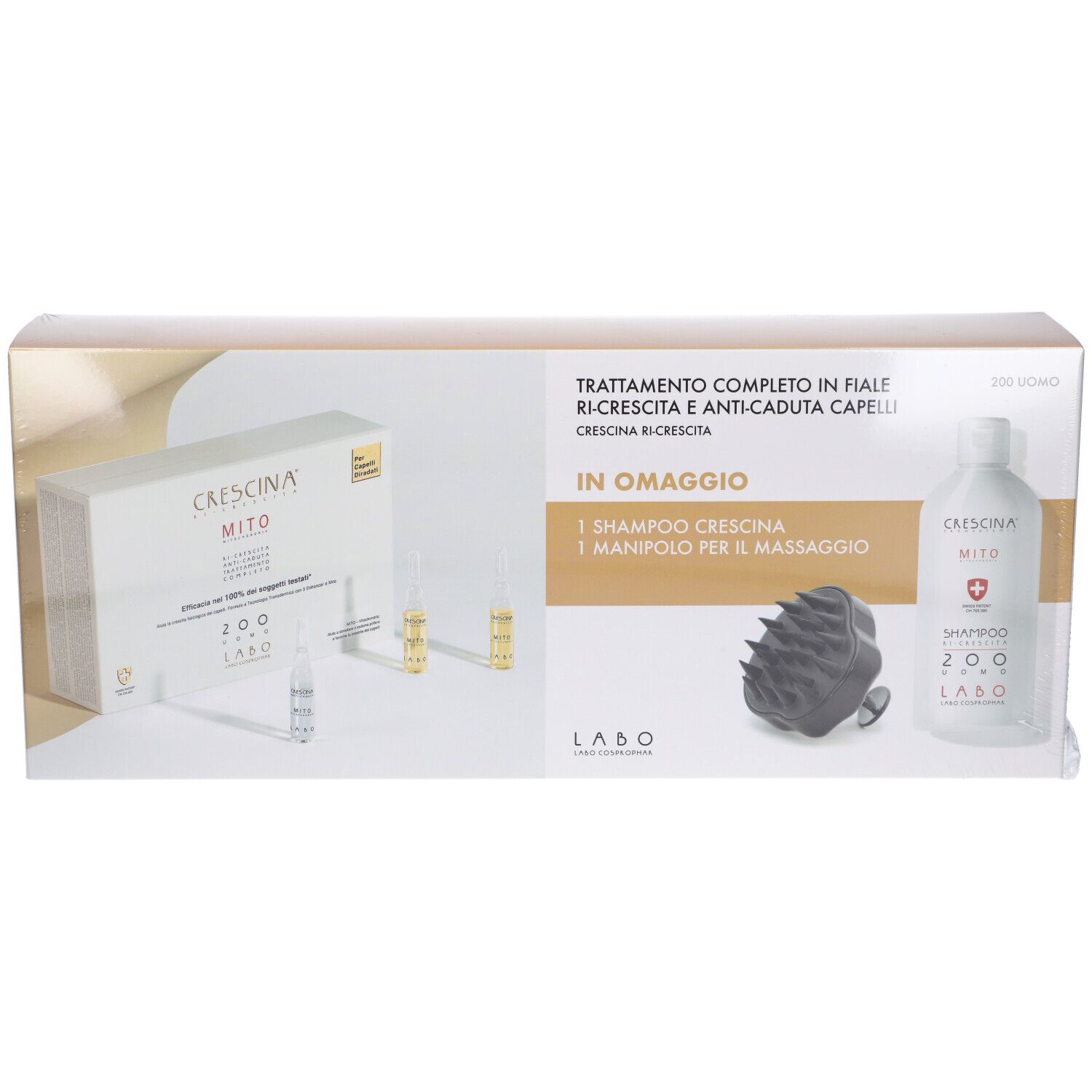 Confezione prodotto con contenuto. Contiene fiale, shampoo e massaggiatore. Scritta: CRESCINA MITO. Scatola bianca.
