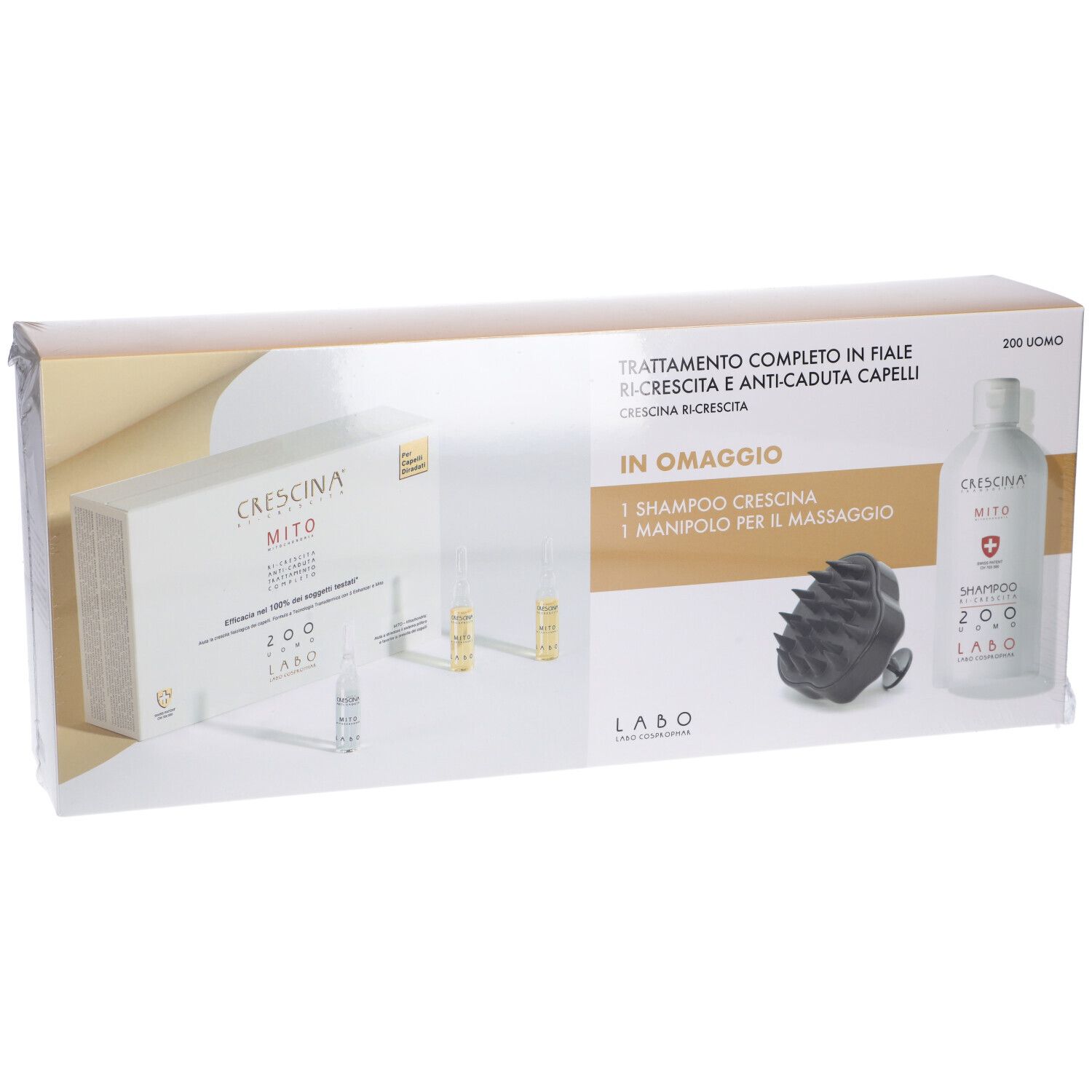 Confezione prodotto con contenuto. Contiene fiale, shampoo e massaggiatore. Scritta: CRESCINA MITO. Scatola bianca.
