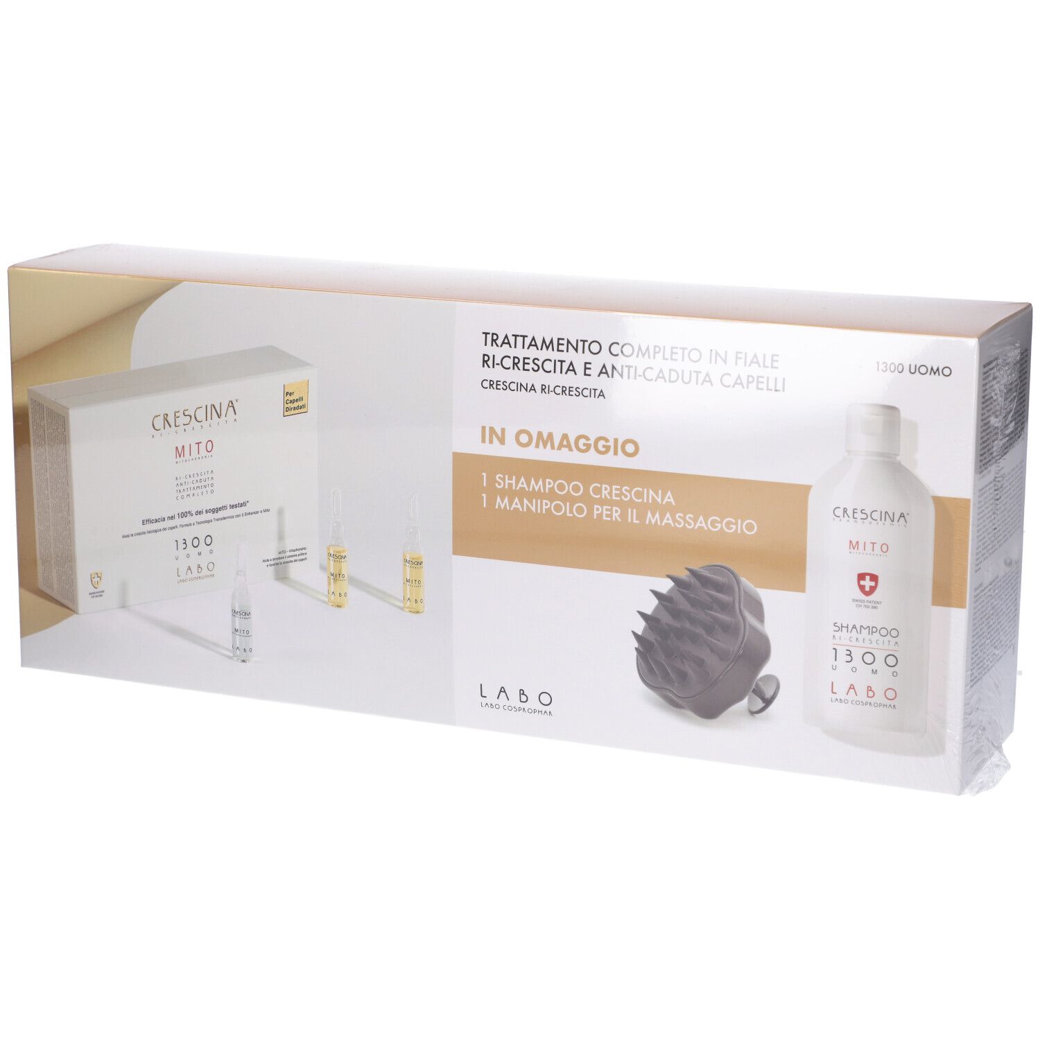 Confezione Labo Crescina Mito con fiale, shampoo e massaggiatore. Testo: Ri-Crescita, Anti-Caduta, Uomo.
