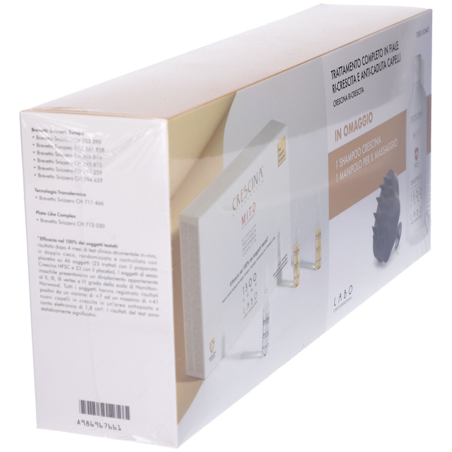 Confezione Labo Crescina Mito, parzialmente trasparente. Contiene fiale, shampoo e massaggiatore.
