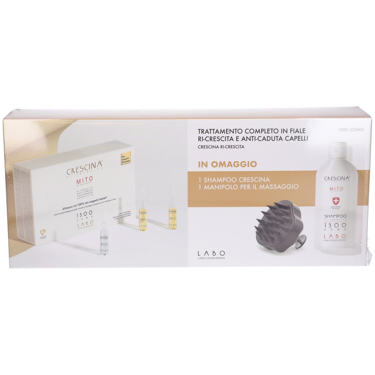 Confezione Labo Crescina Mito con fiale, shampoo e massaggiatore. Testo: Ri-Crescita, Anti-Caduta, Uomo.