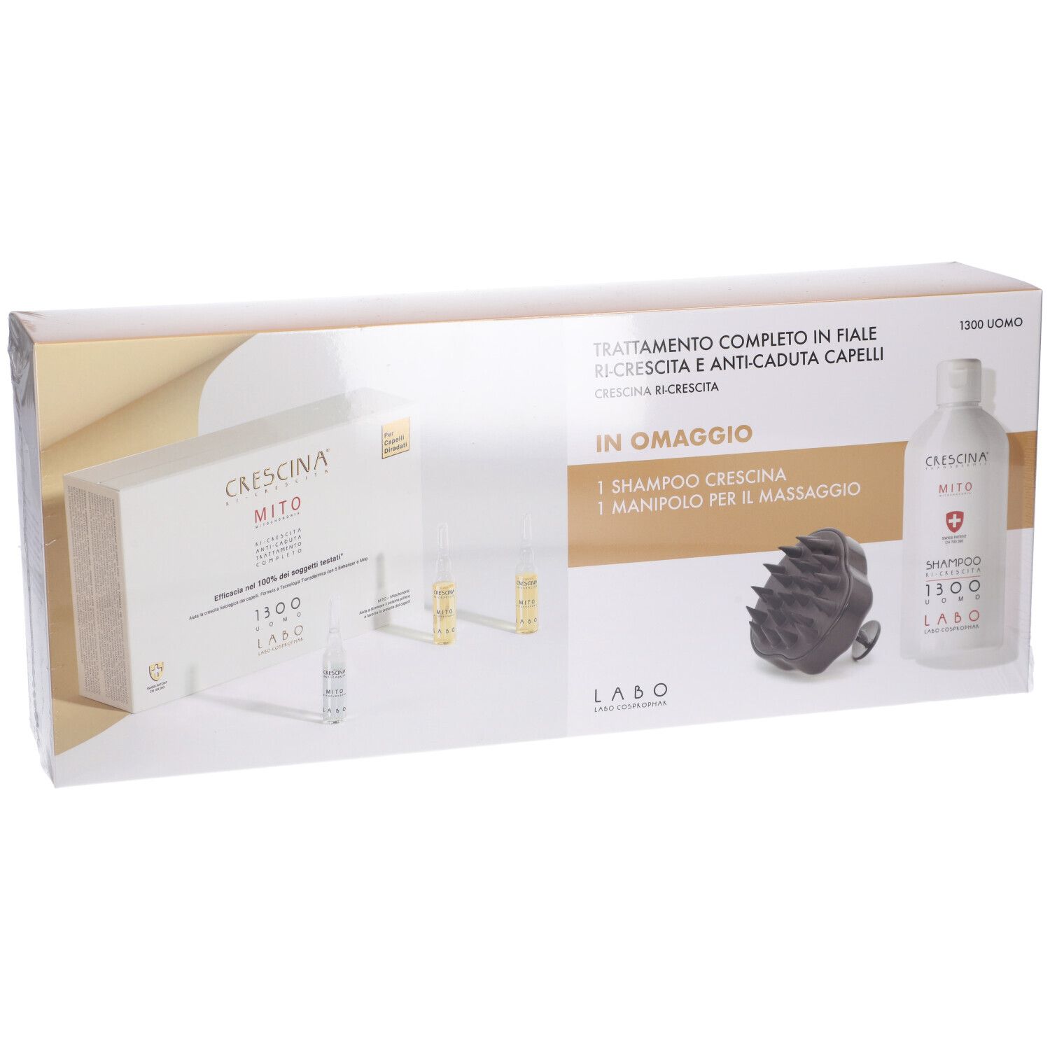 Confezione Labo Crescina Mito con fiale, shampoo e massaggiatore. Testo: Ri-Crescita, Anti-Caduta, Uomo.
